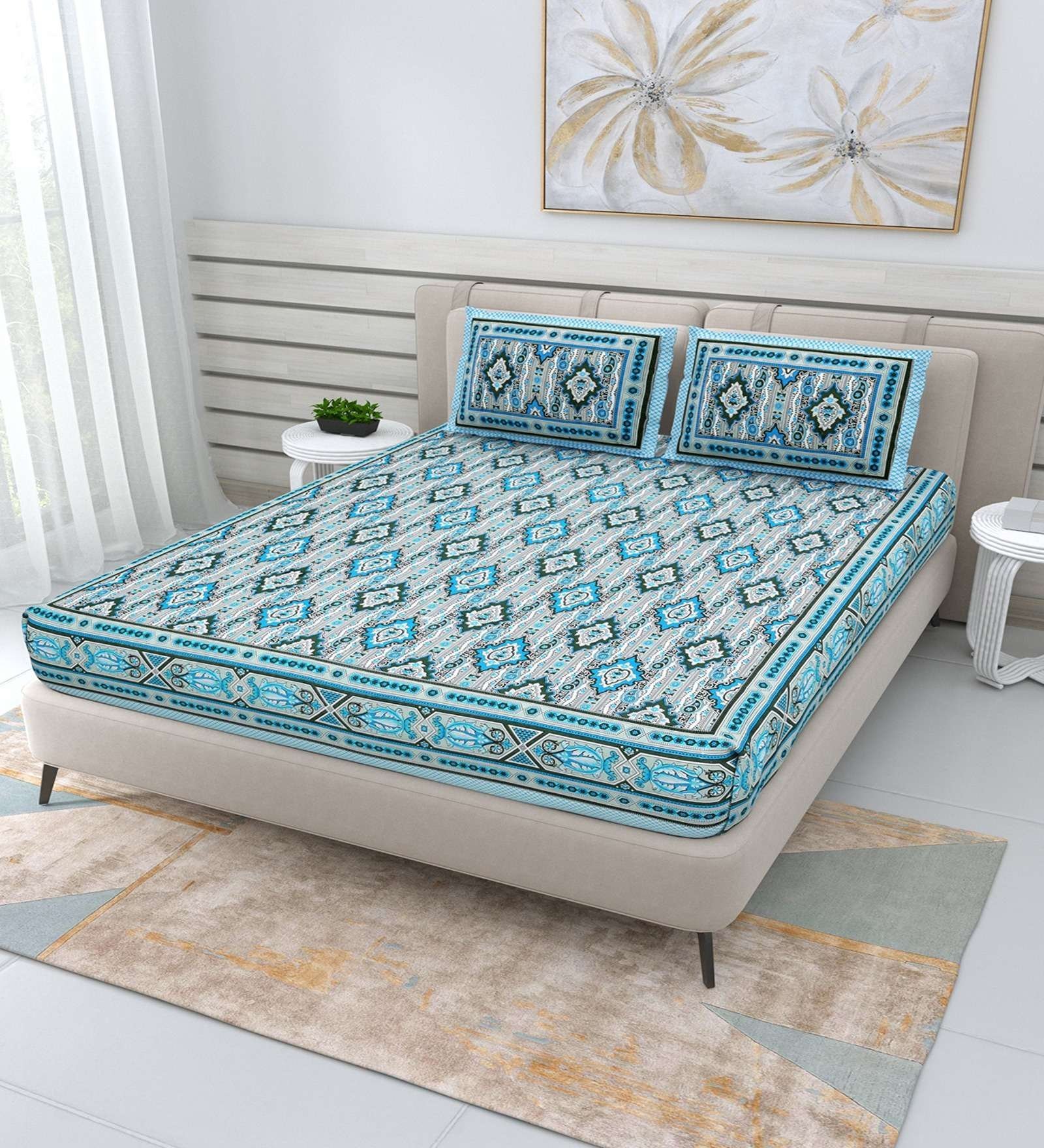 100% Pure Cotton Traditional  Printed Bedsheet for Double Bed King Size Bedsheet with 2 Pillow Covers