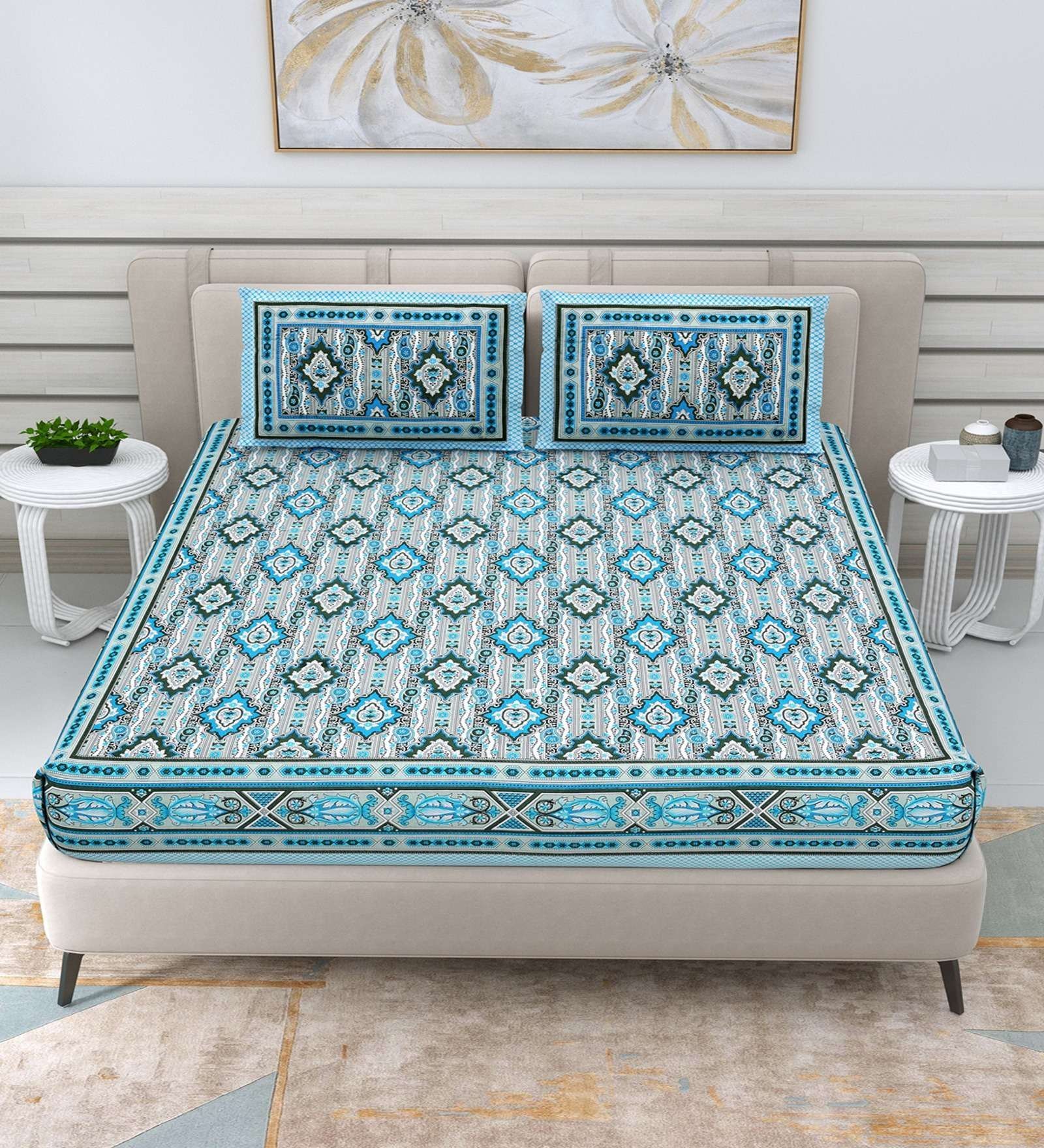 100% Pure Cotton Traditional  Printed Bedsheet for Double Bed King Size Bedsheet with 2 Pillow Covers