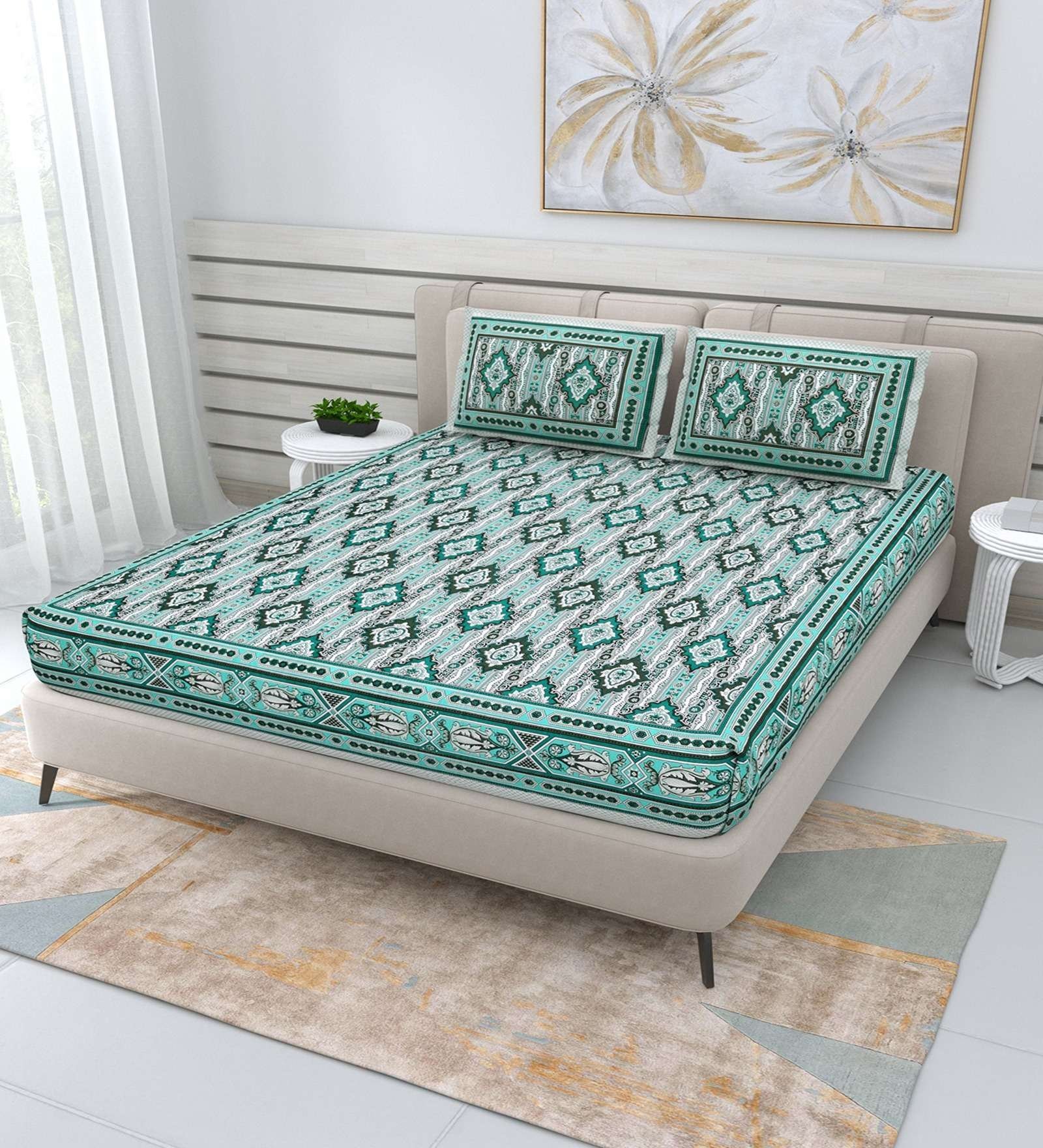 100% Pure Cotton Traditional  Printed Bedsheet for Double Bed King Size Bedsheet with 2 Pillow Covers