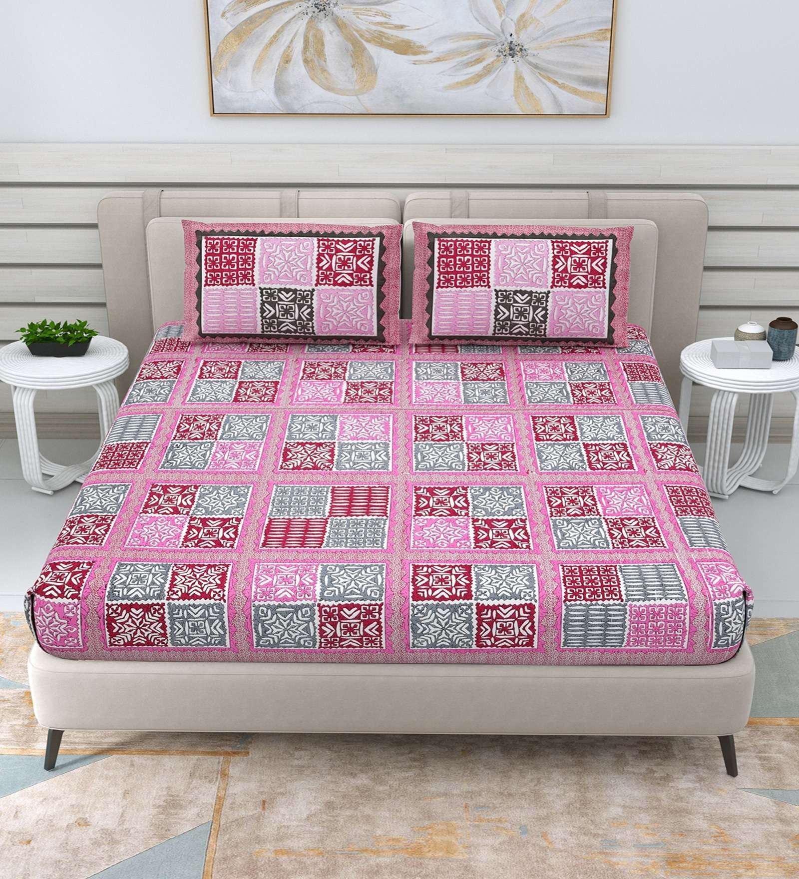 100% Pure Cotton Traditional  Printed Bedsheet for Double Bed King Size Bedsheet with 2 Pillow Covers