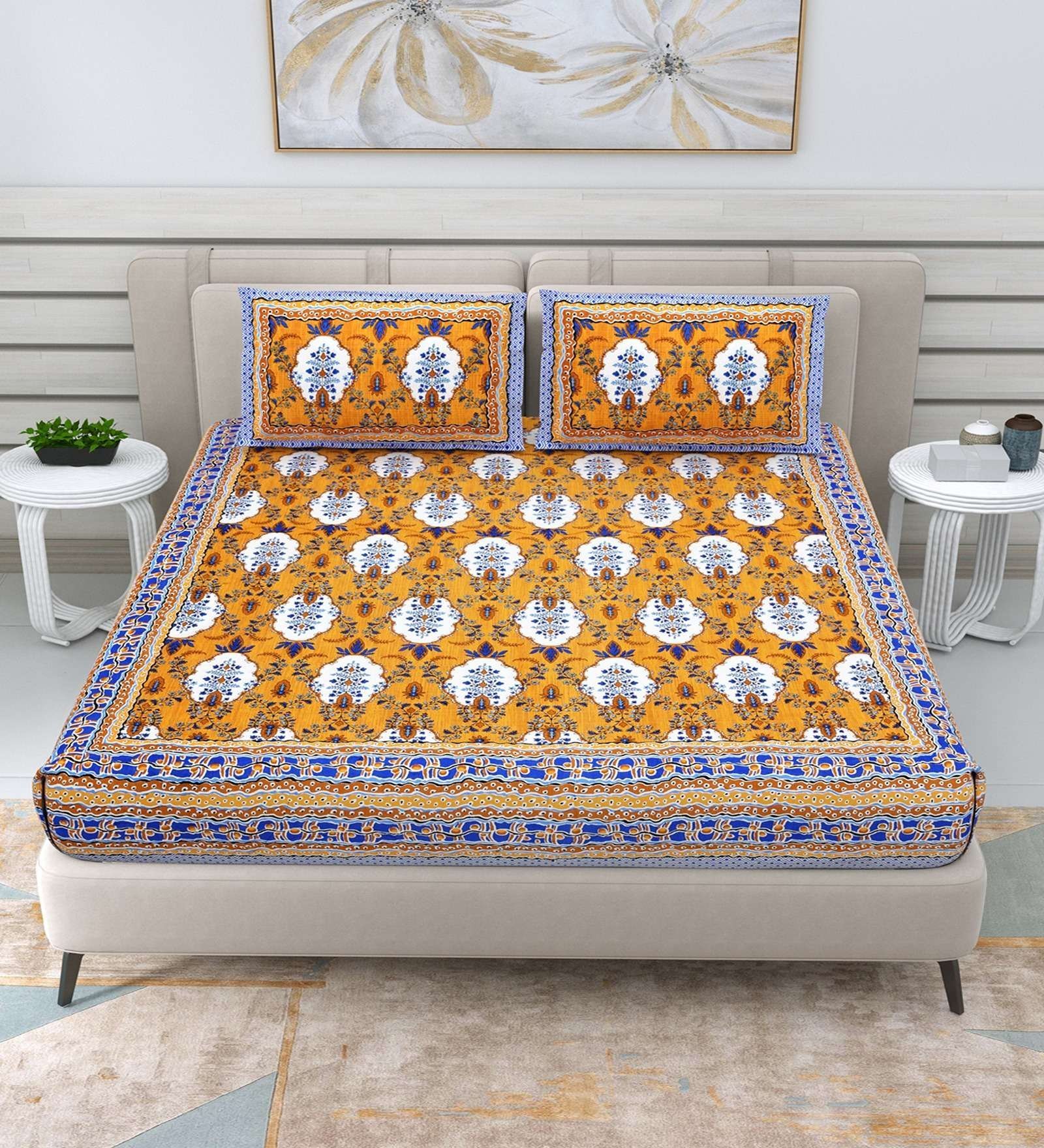 100% Pure Cotton Traditional  Printed Bedsheet for Double Bed King Size Bedsheet with 2 Pillow Covers