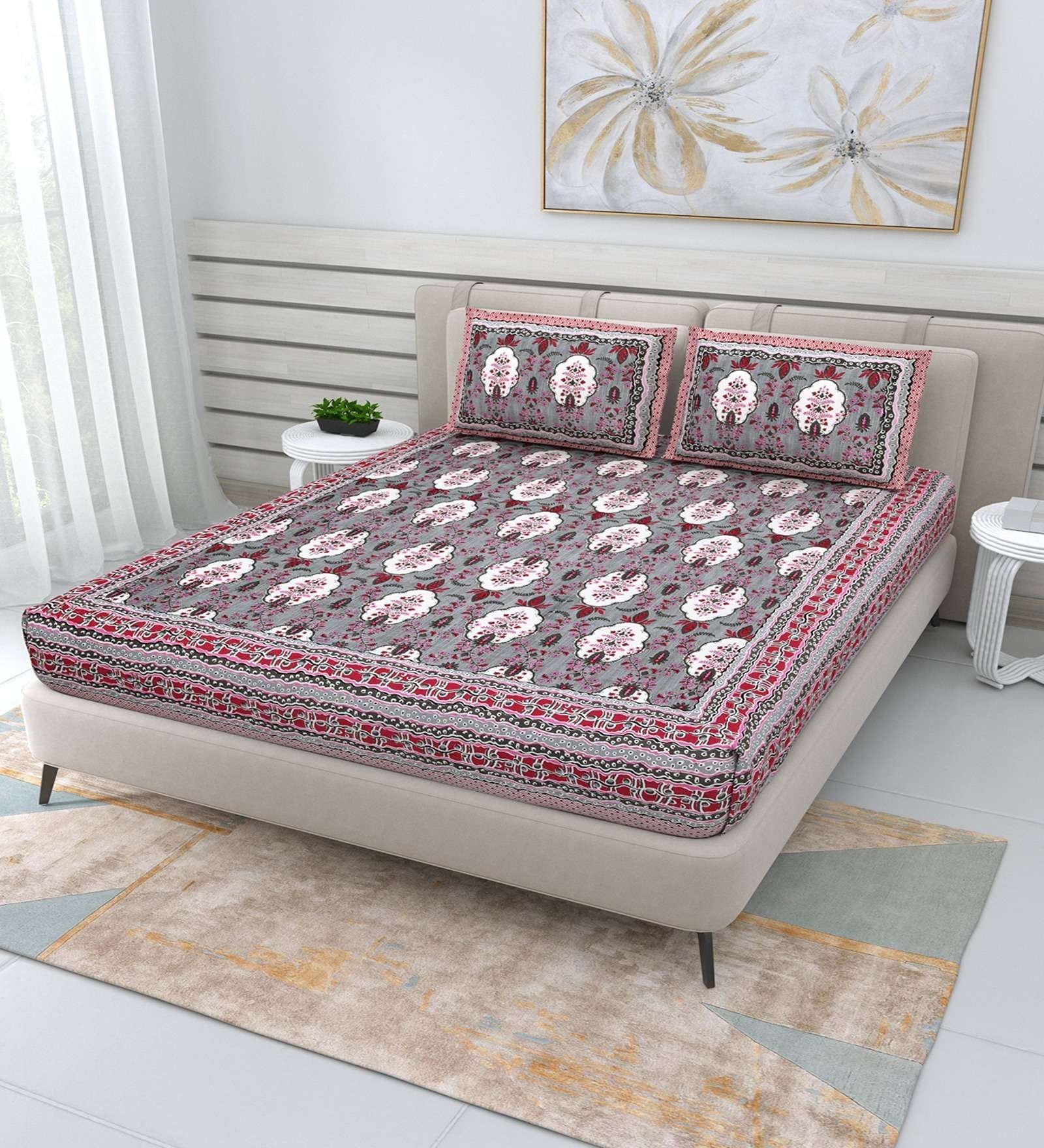 100% Pure Cotton Traditional  Printed Bedsheet for Double Bed King Size Bedsheet with 2 Pillow Covers