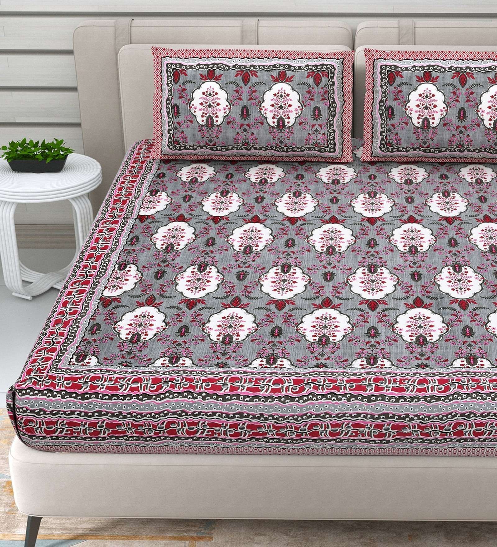 100% Pure Cotton Traditional  Printed Bedsheet for Double Bed King Size Bedsheet with 2 Pillow Covers