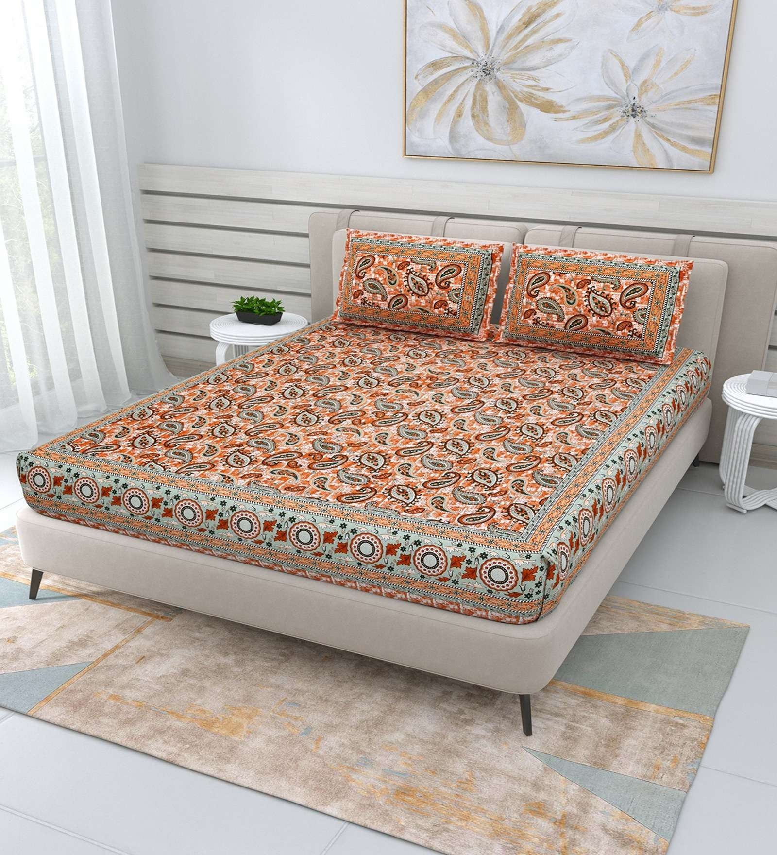 100% Pure Cotton Traditional  Printed Bedsheet for Double Bed King Size Bedsheet with 2 Pillow Covers