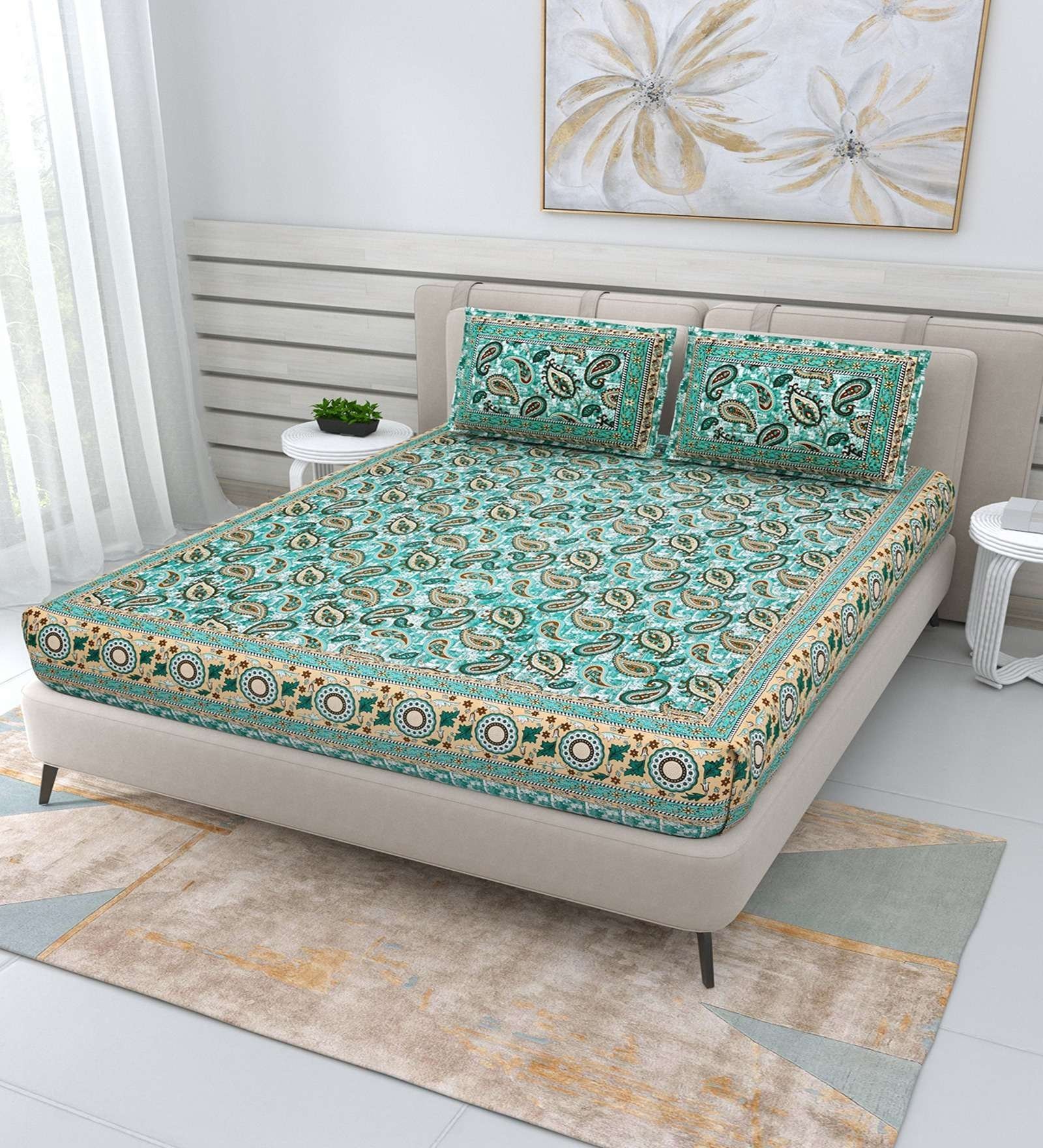 100% Pure Cotton Traditional  Printed Bedsheet for Double Bed King Size Bedsheet with 2 Pillow Covers