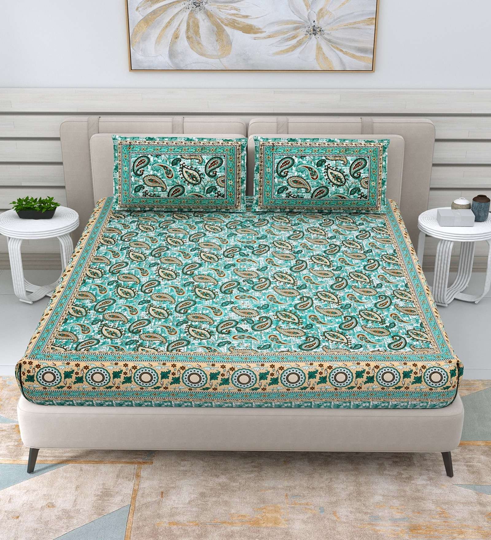 100% Pure Cotton Traditional  Printed Bedsheet for Double Bed King Size Bedsheet with 2 Pillow Covers