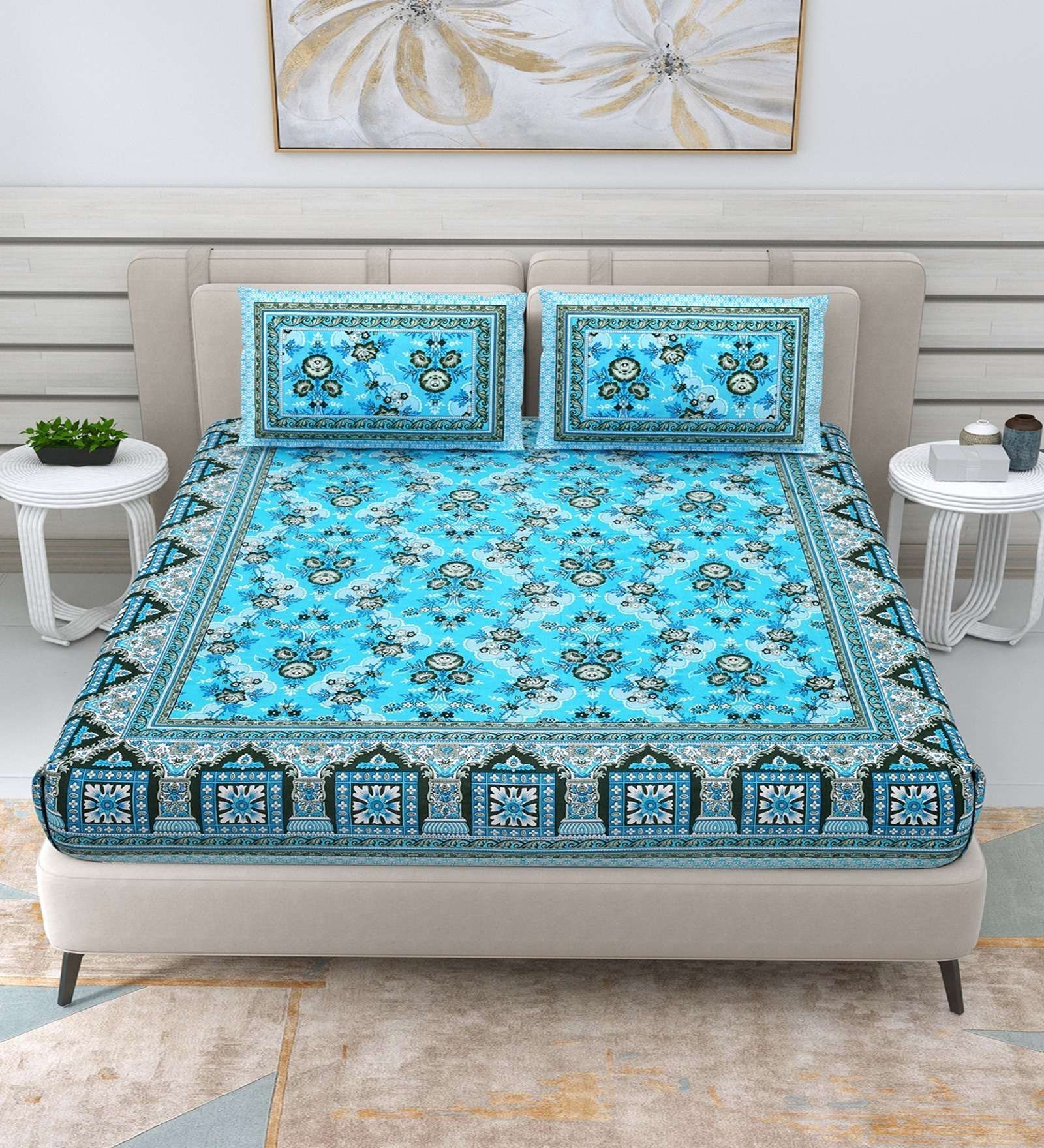 100% Pure Cotton Traditional  Printed Bedsheet for Double Bed King Size Bedsheet with 2 Pillow Covers