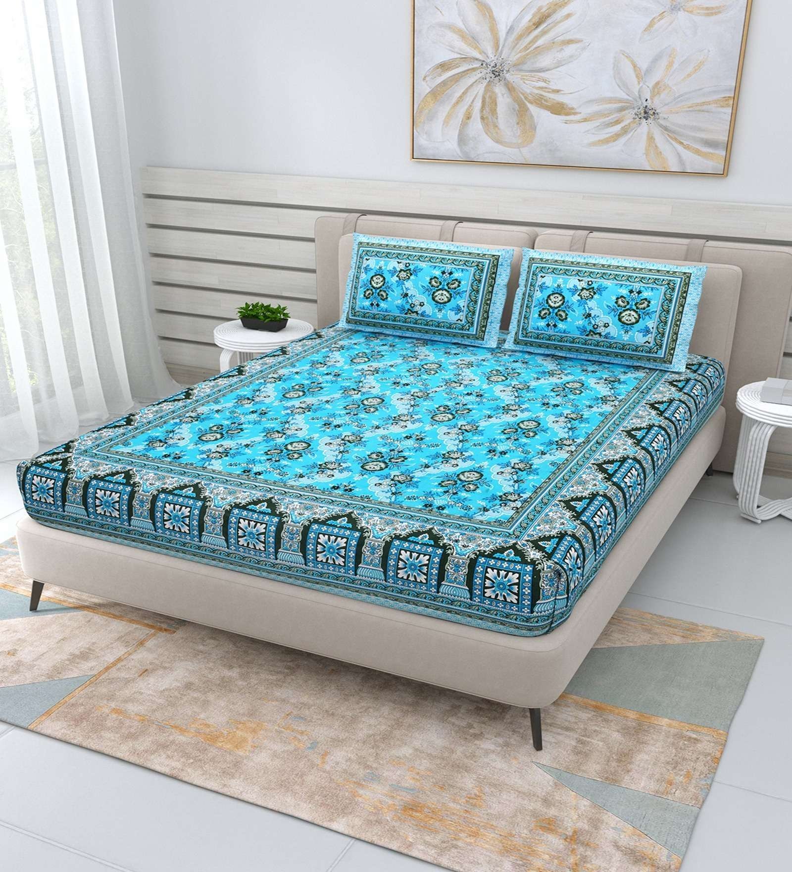100% Pure Cotton Traditional  Printed Bedsheet for Double Bed King Size Bedsheet with 2 Pillow Covers