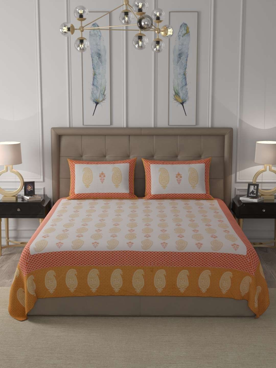100% Pure Cotton Traditional  Printed Bedsheet for Double Bed King Size Bedsheet with 2 Pillow Covers