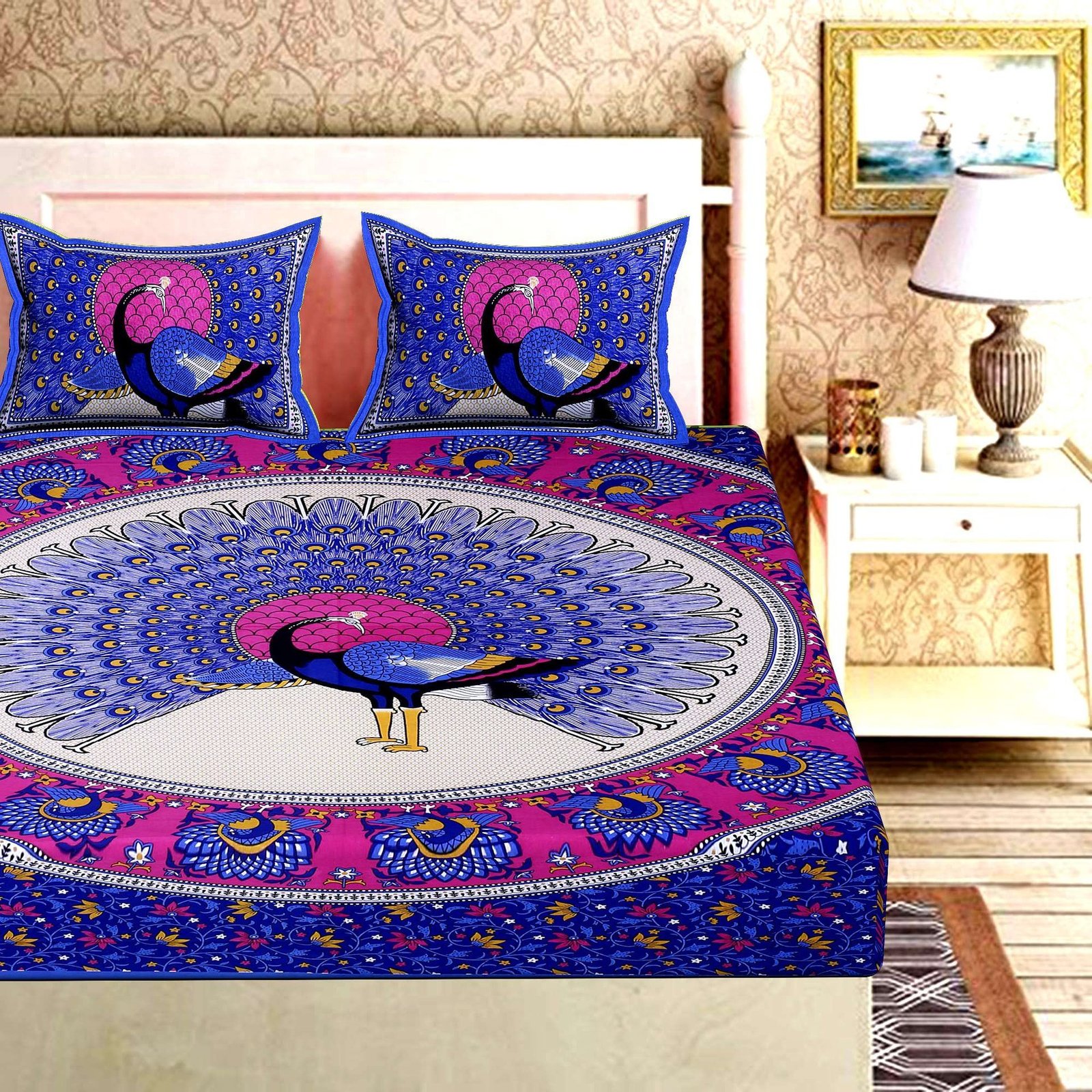 100% Pure Cotton Traditional  Printed Bedsheet for Double Bed King Size Bedsheet with 2 Pillow Covers