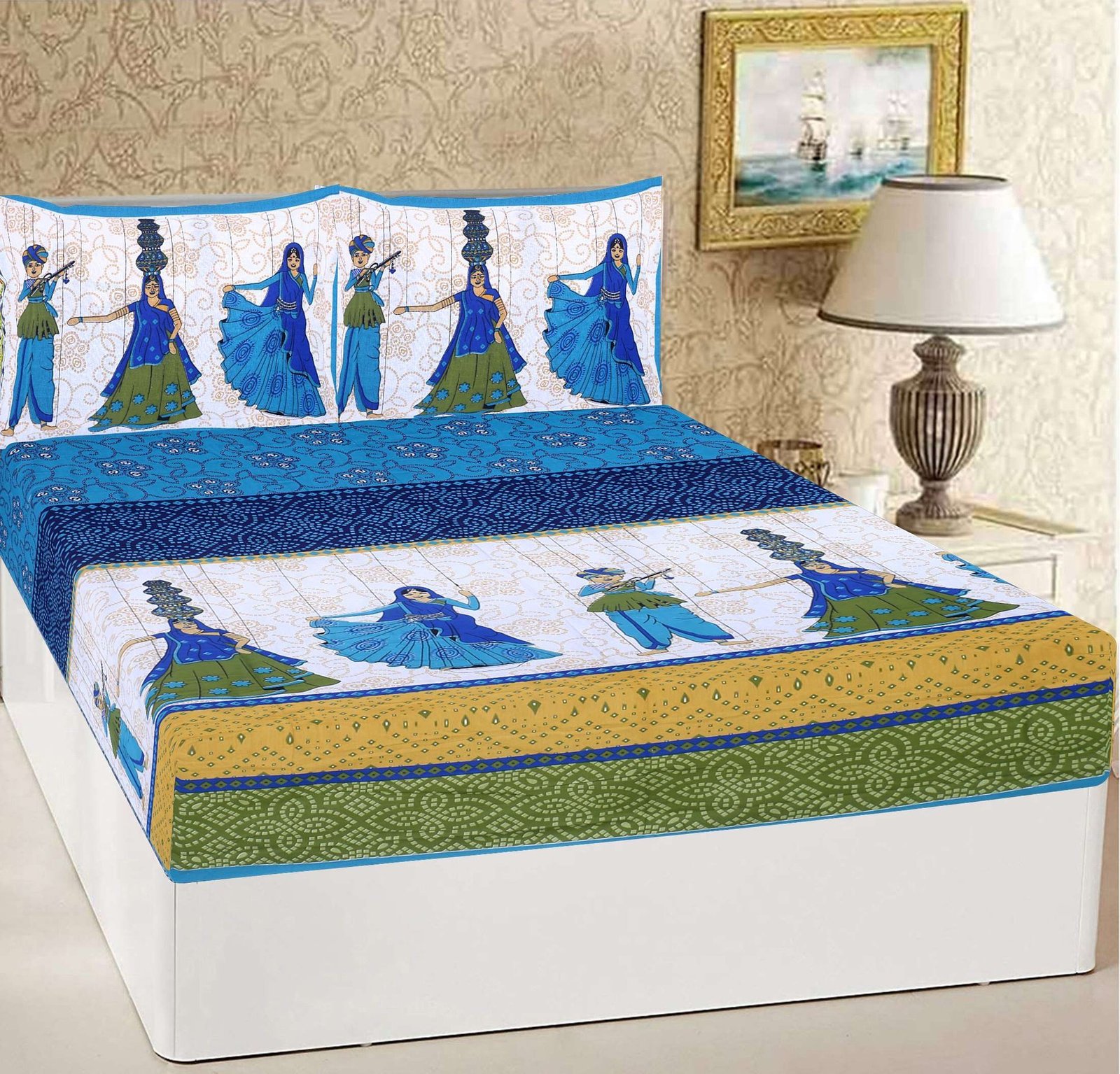 100% Pure Cotton Traditional  Printed Bedsheet for Double Bed King Size Bedsheet with 2 Pillow Covers