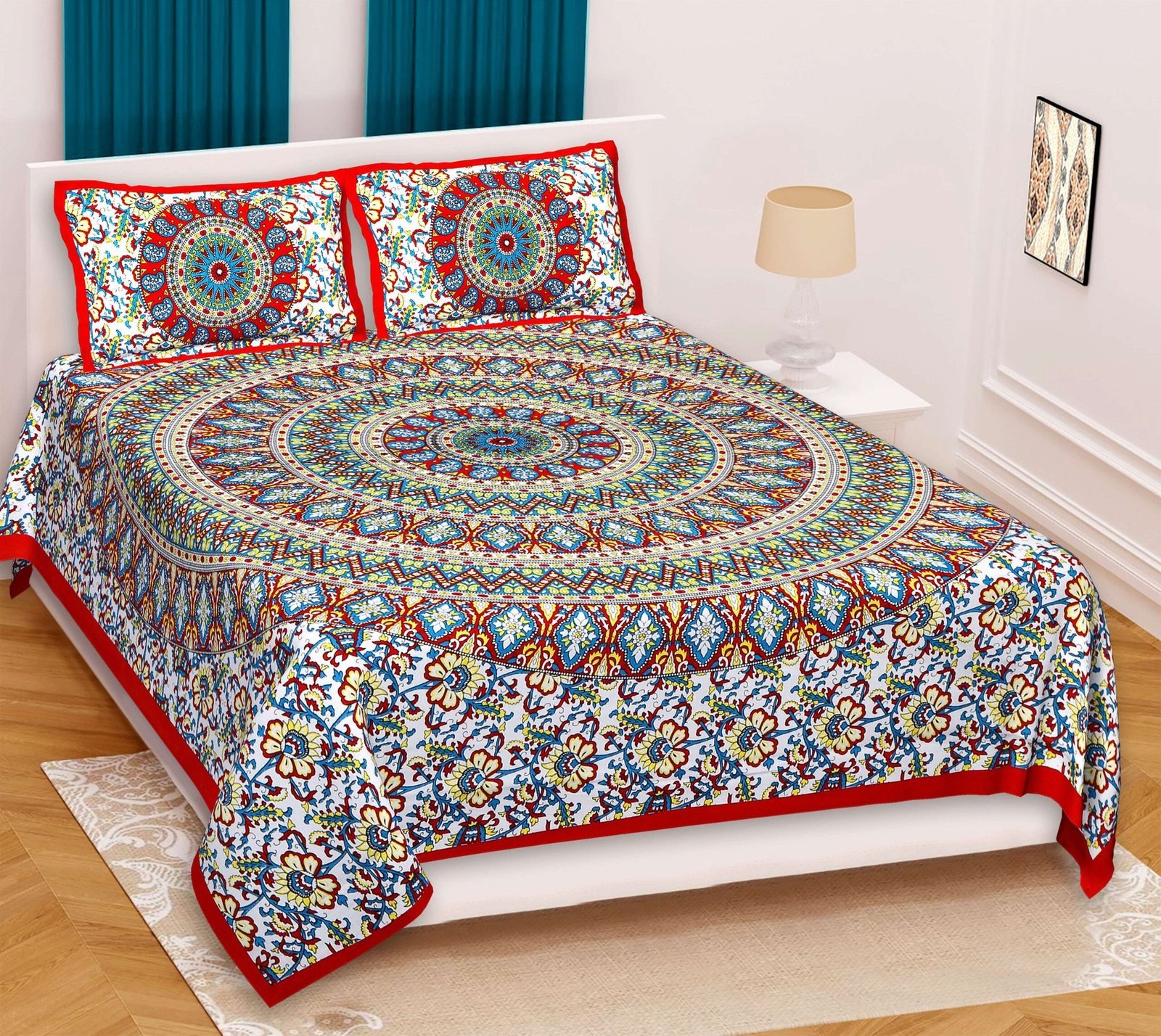 100% Pure Cotton Traditional  Printed Bedsheet for Double Bed King Size Bedsheet with 2 Pillow Covers