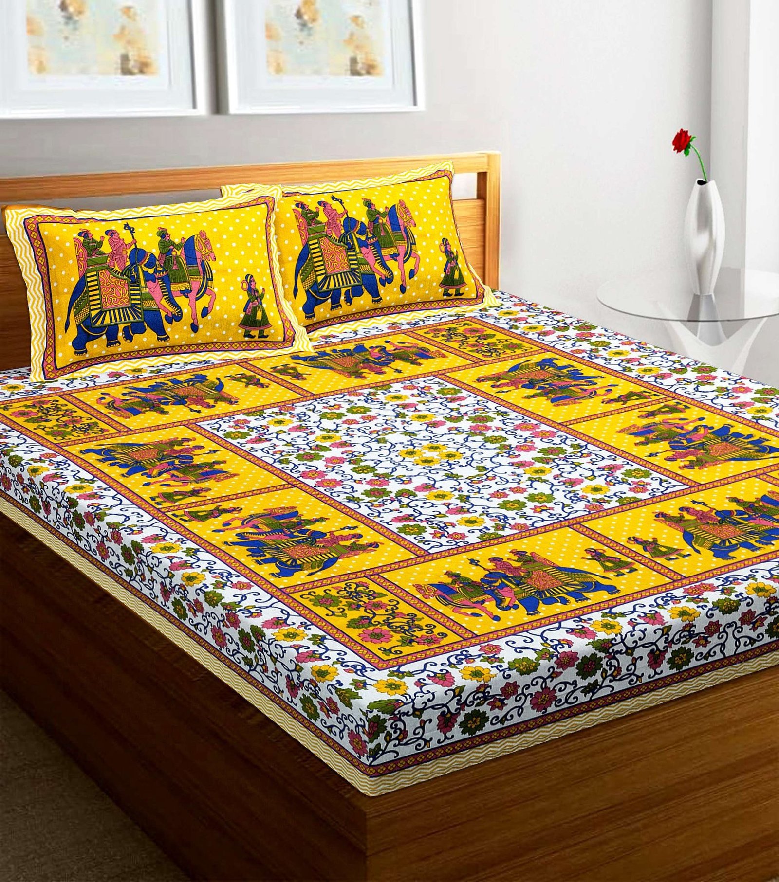 100% Pure Cotton Traditional  Printed Bedsheet for Double Bed King Size Bedsheet with 2 Pillow Covers