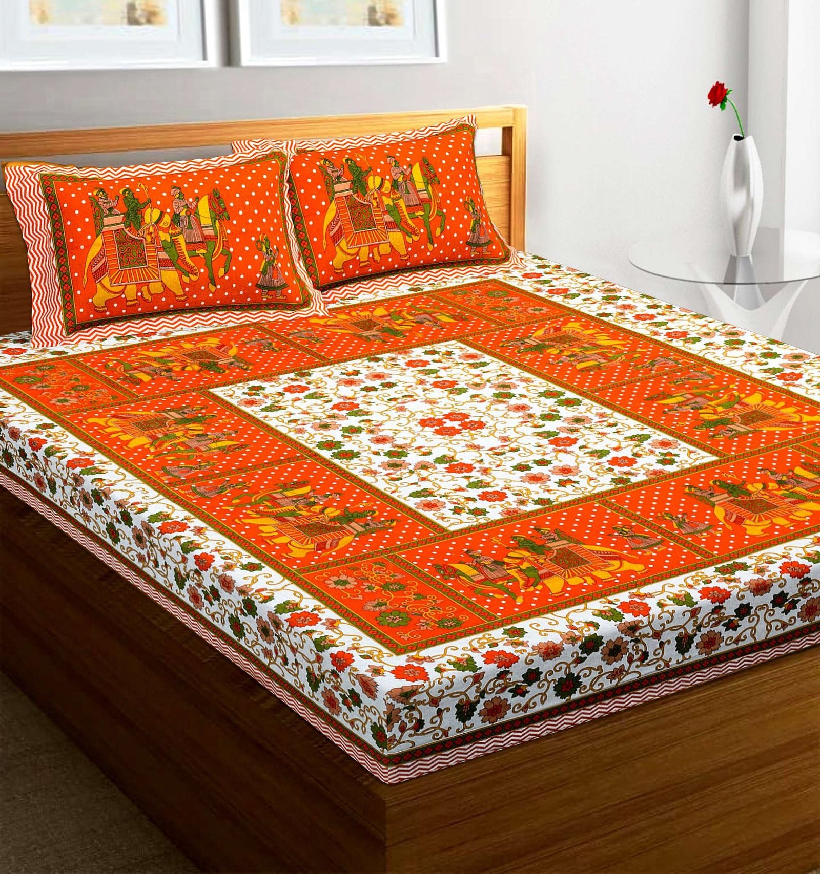 100% Pure Cotton Traditional  Printed Bedsheet for Double Bed King Size Bedsheet with 2 Pillow Covers