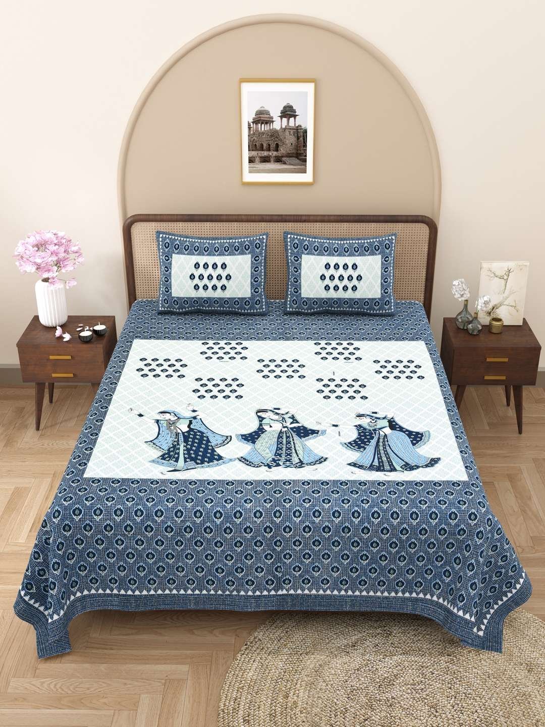 100% Pure Cotton Traditional  Printed Bedsheet for Double Bed King Size Bedsheet with 2 Pillow Covers