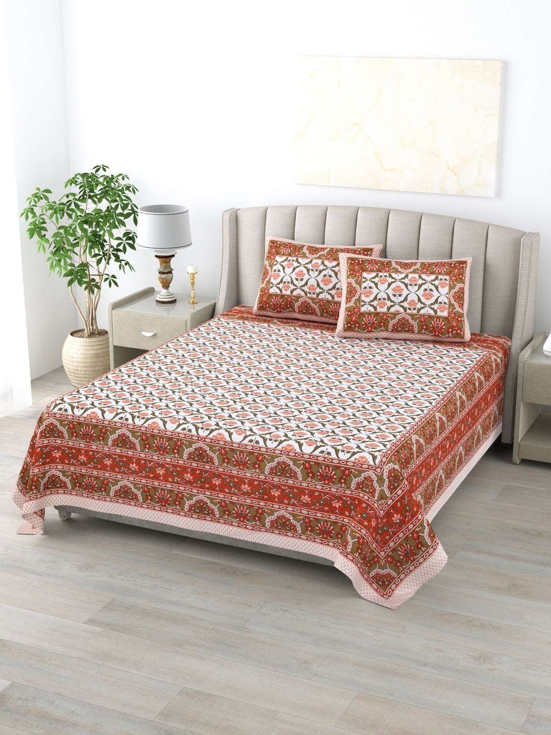 100% Pure Cotton Traditional  Printed Bedsheet for Double Bed King Size Bedsheet with 2 Pillow Covers