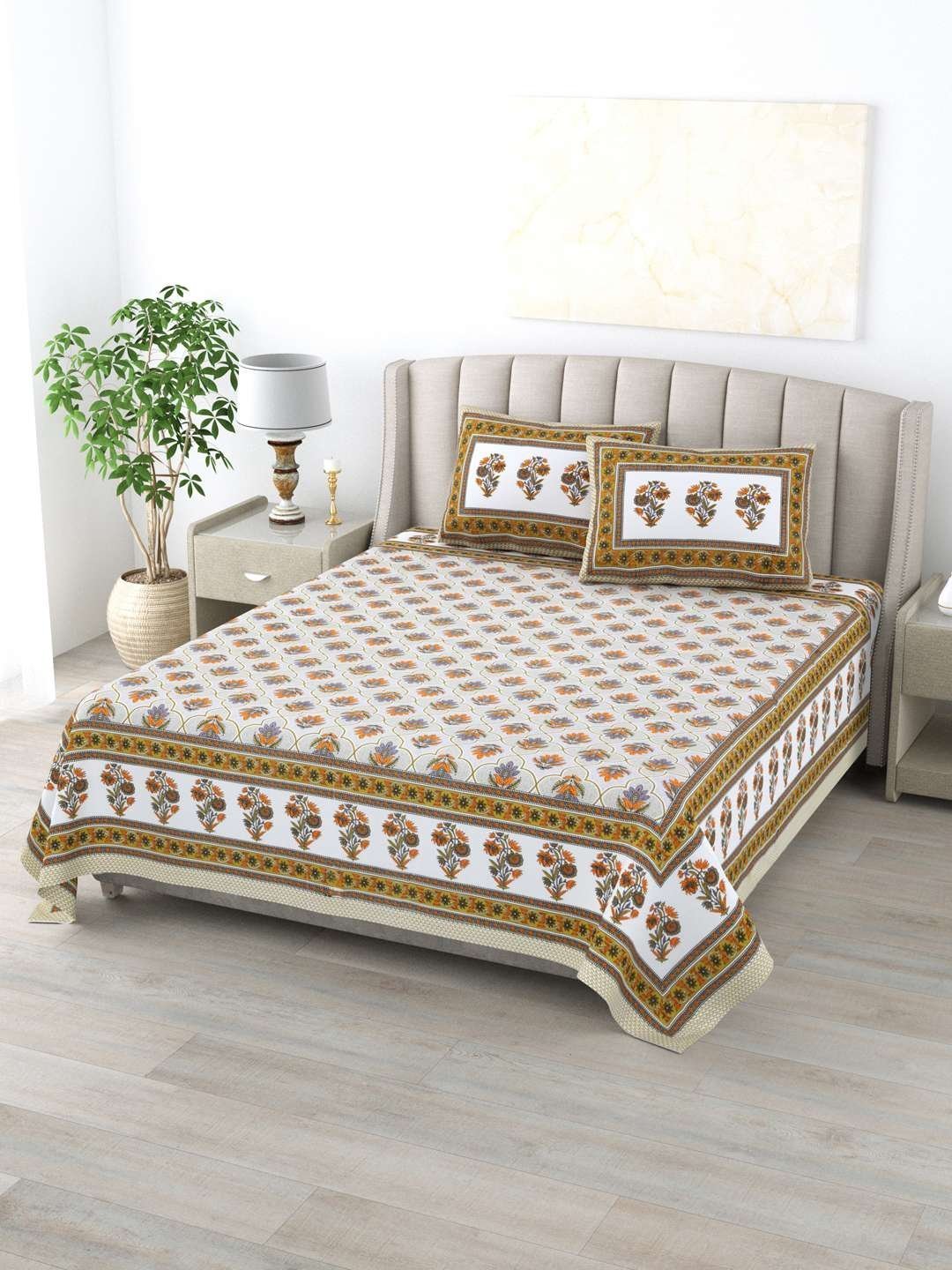 100% Pure Cotton Traditional  Printed Bedsheet for Double Bed King Size Bedsheet with 2 Pillow Covers