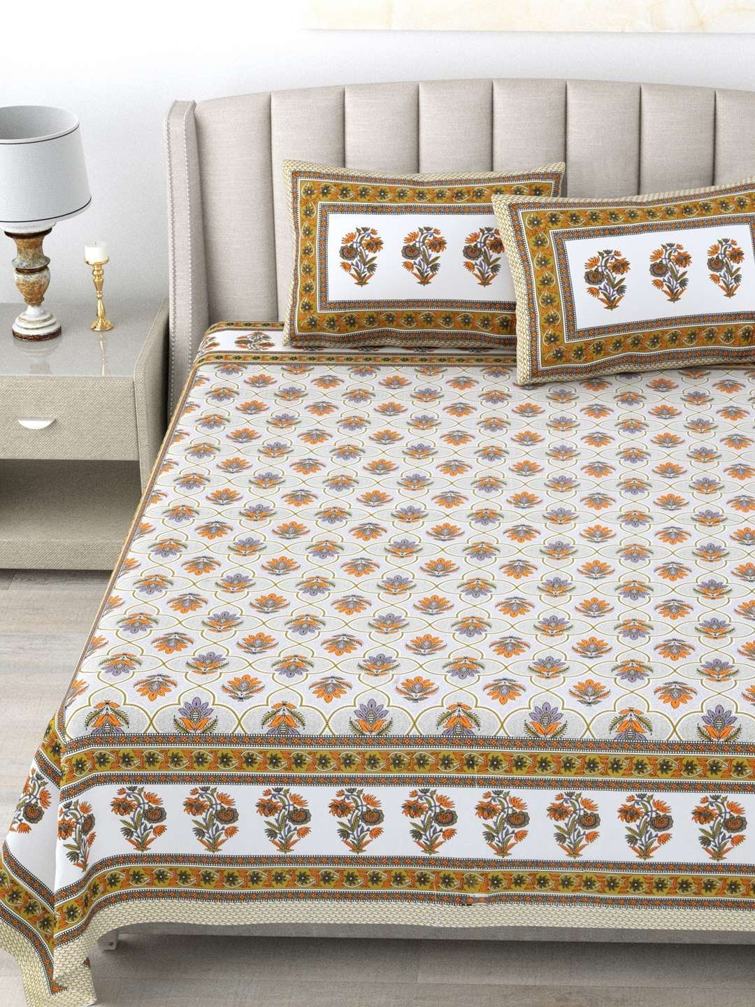 100% Pure Cotton Traditional  Printed Bedsheet for Double Bed King Size Bedsheet with 2 Pillow Covers
