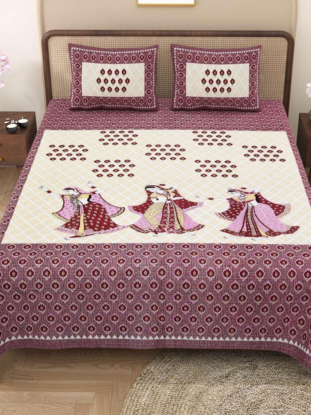 100% Pure Cotton Traditional  Printed Bedsheet for Double Bed King Size Bedsheet with 2 Pillow Covers