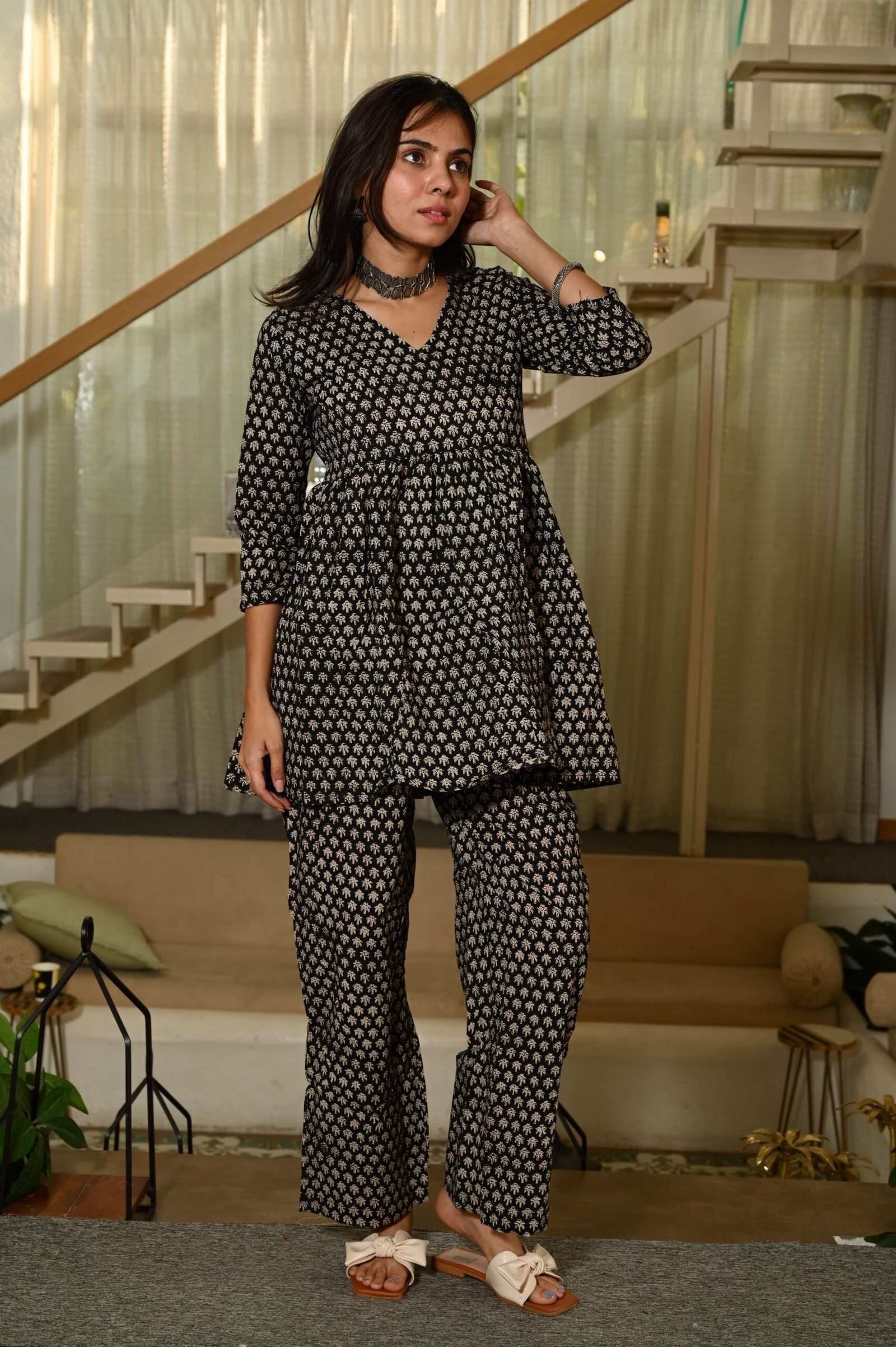 Black Block Print Cotton Co-ord Set for Women ? Peplum Kurta & Straight Pants