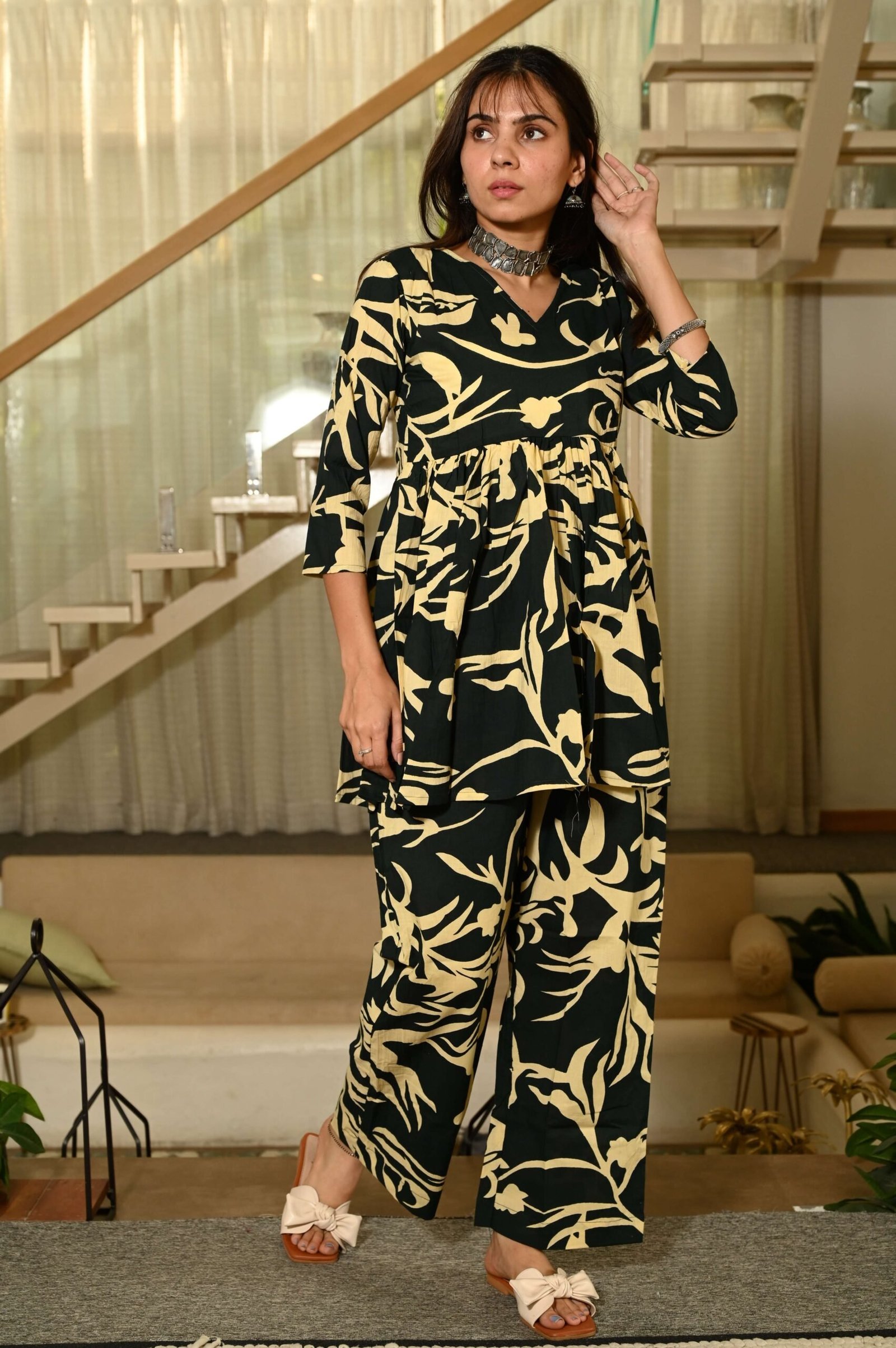 Black Printed Print Cotton Co-ord Set for Women ? Peplum Kurta & Straight Pants, Casual Ethnic Wear