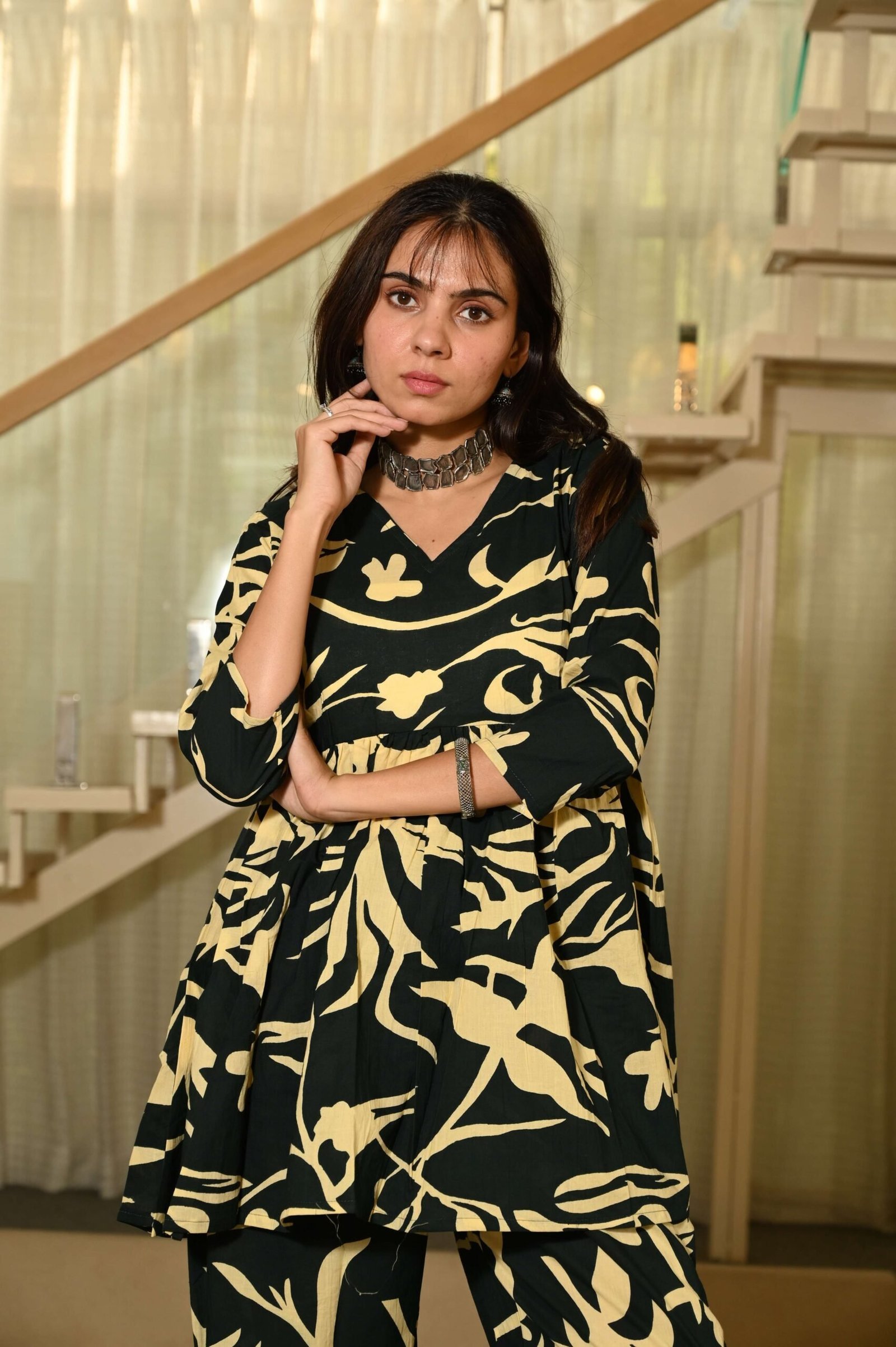 Black Printed Print Cotton Co-ord Set for Women ? Peplum Kurta & Straight Pants, Casual Ethnic Wear