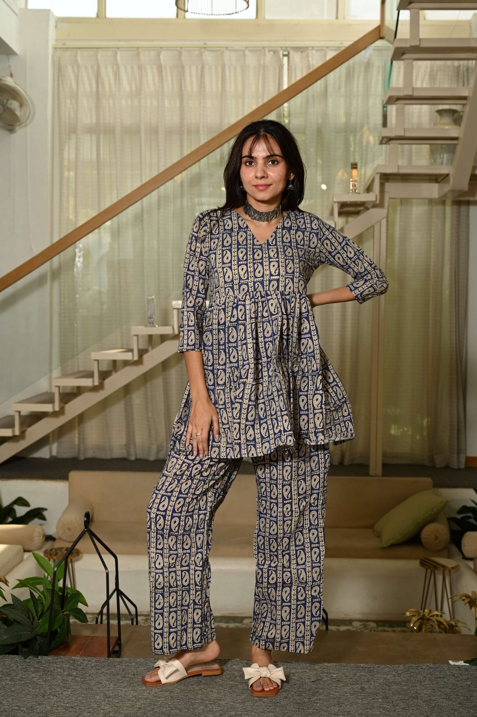 Blue Floral Block Print Cotton Co-ord Set for Women ? Peplum Kurta with Straight Pants