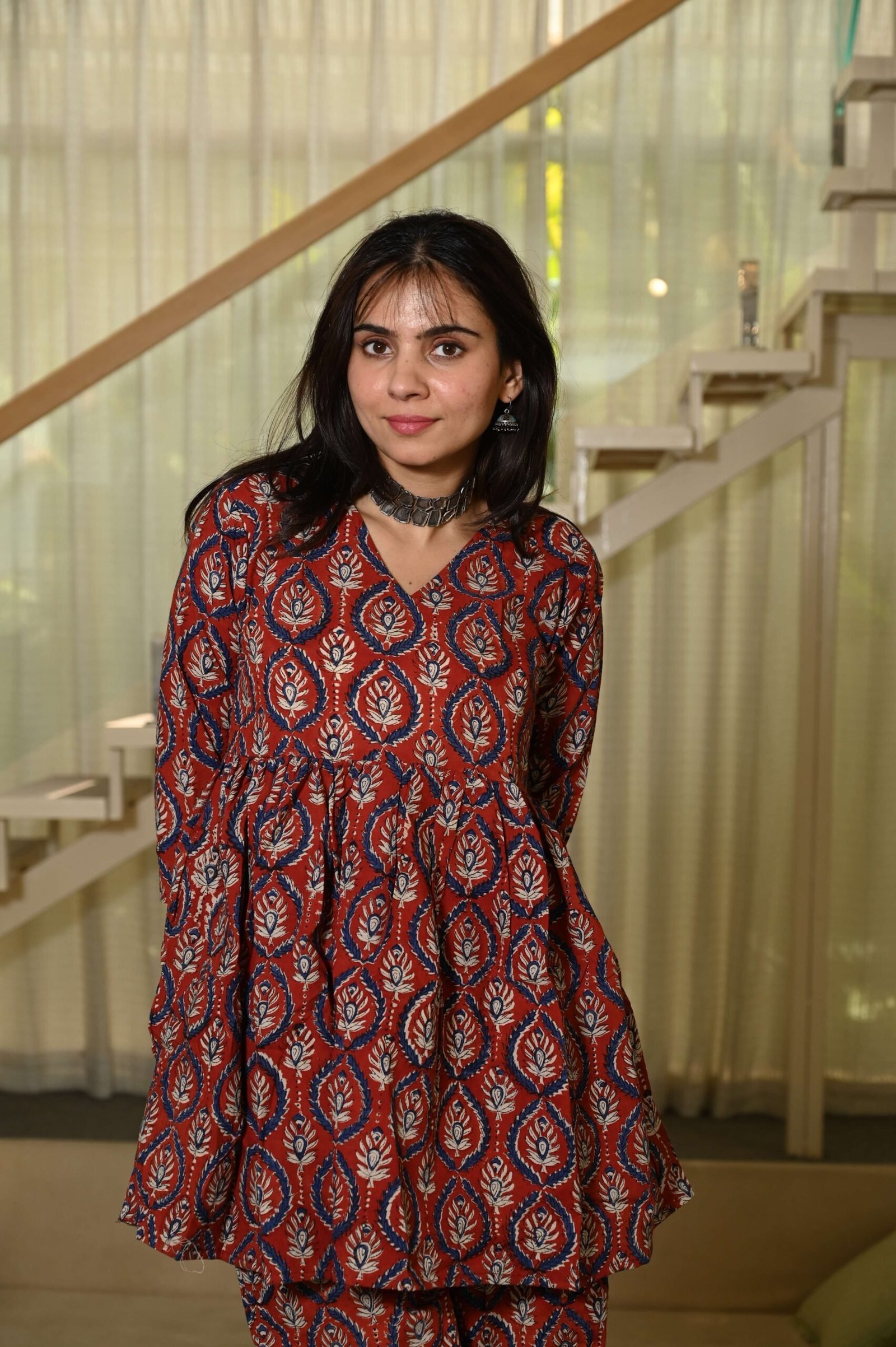 Maroon Block Print Cotton Co-ord Set for Women ? Peplum Kurta & Straight Pants, Casual Ethnic Wear
