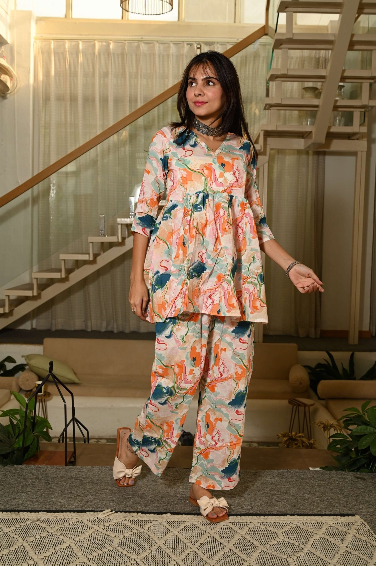 Multti-Color Printed Print Cotton Co-ord Set for Women ? Peplum Kurta & Straight Pants, Casual Ethnic Wear