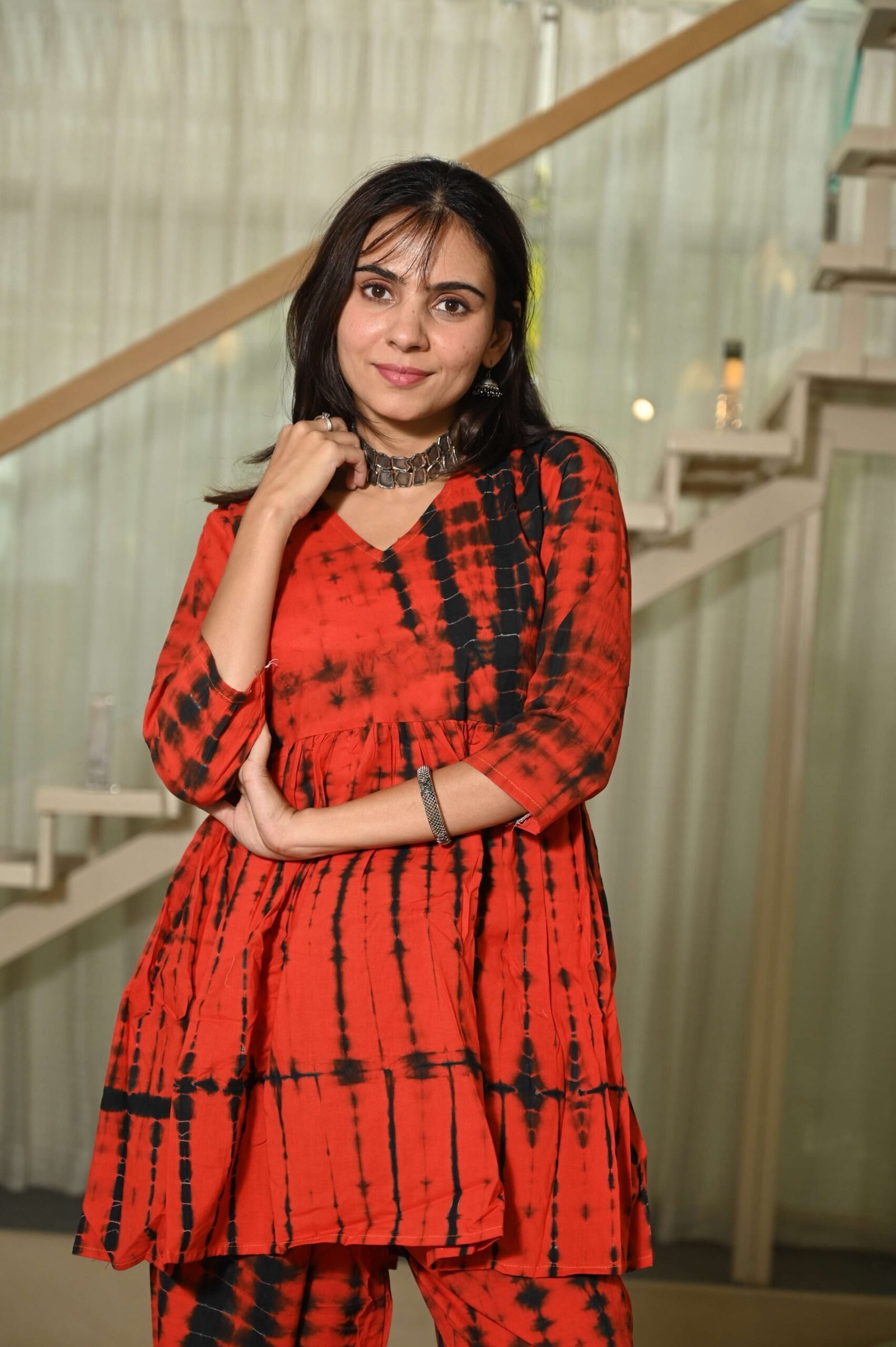 Red Floral Block Print Cotton Co-ord Set for Women ? Peplum Kurta with Straight Pants