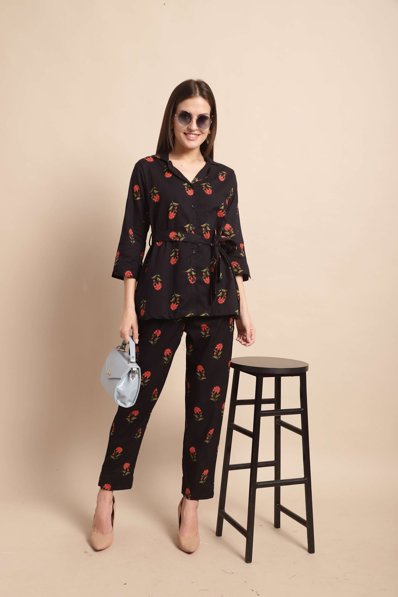 Women’s Pure Cotton Printed Collared Top and Pant Co-ord Set (Black Rd)