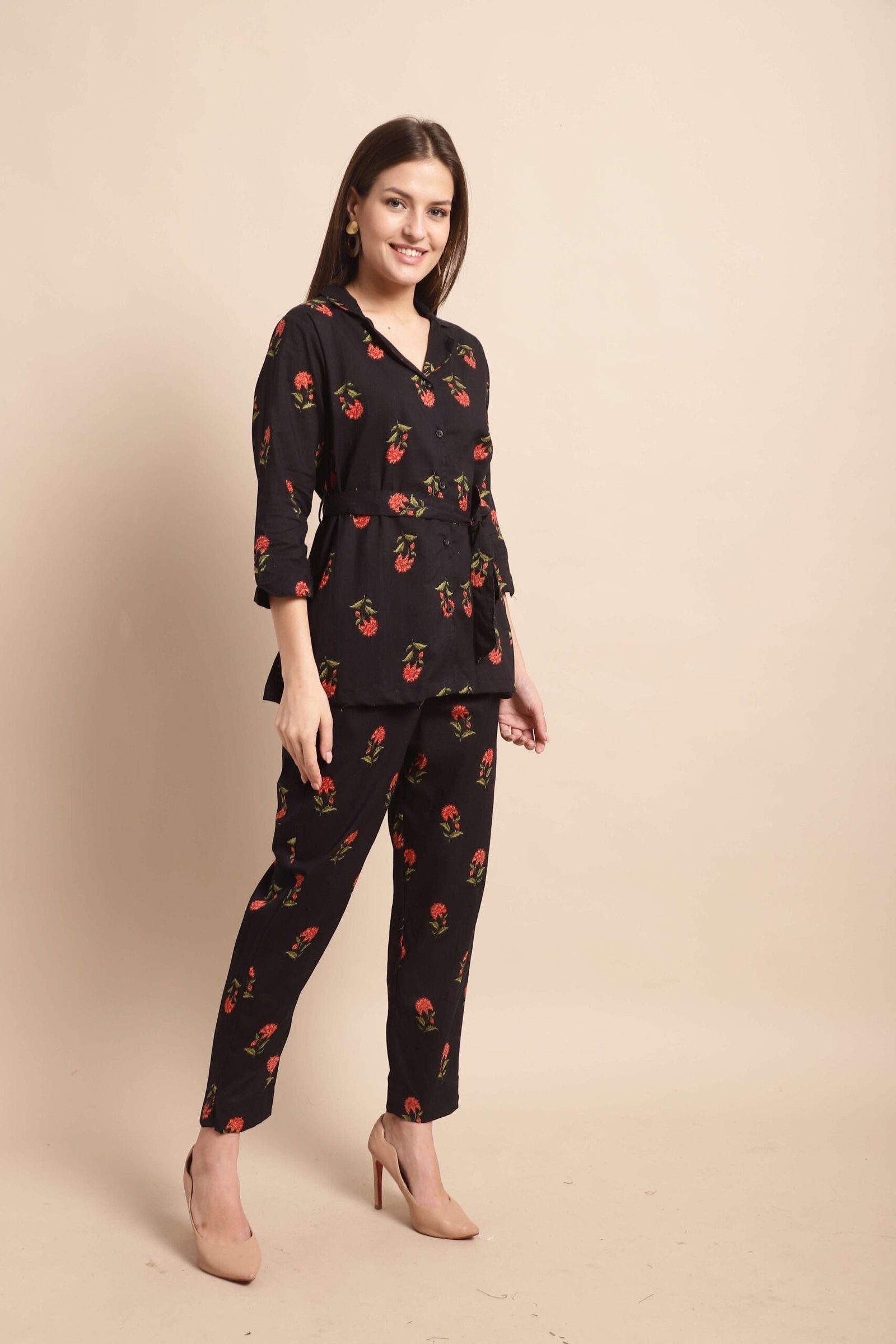Women’s Pure Cotton Printed Collared Top and Pant Co-ord Set (Black Rd)