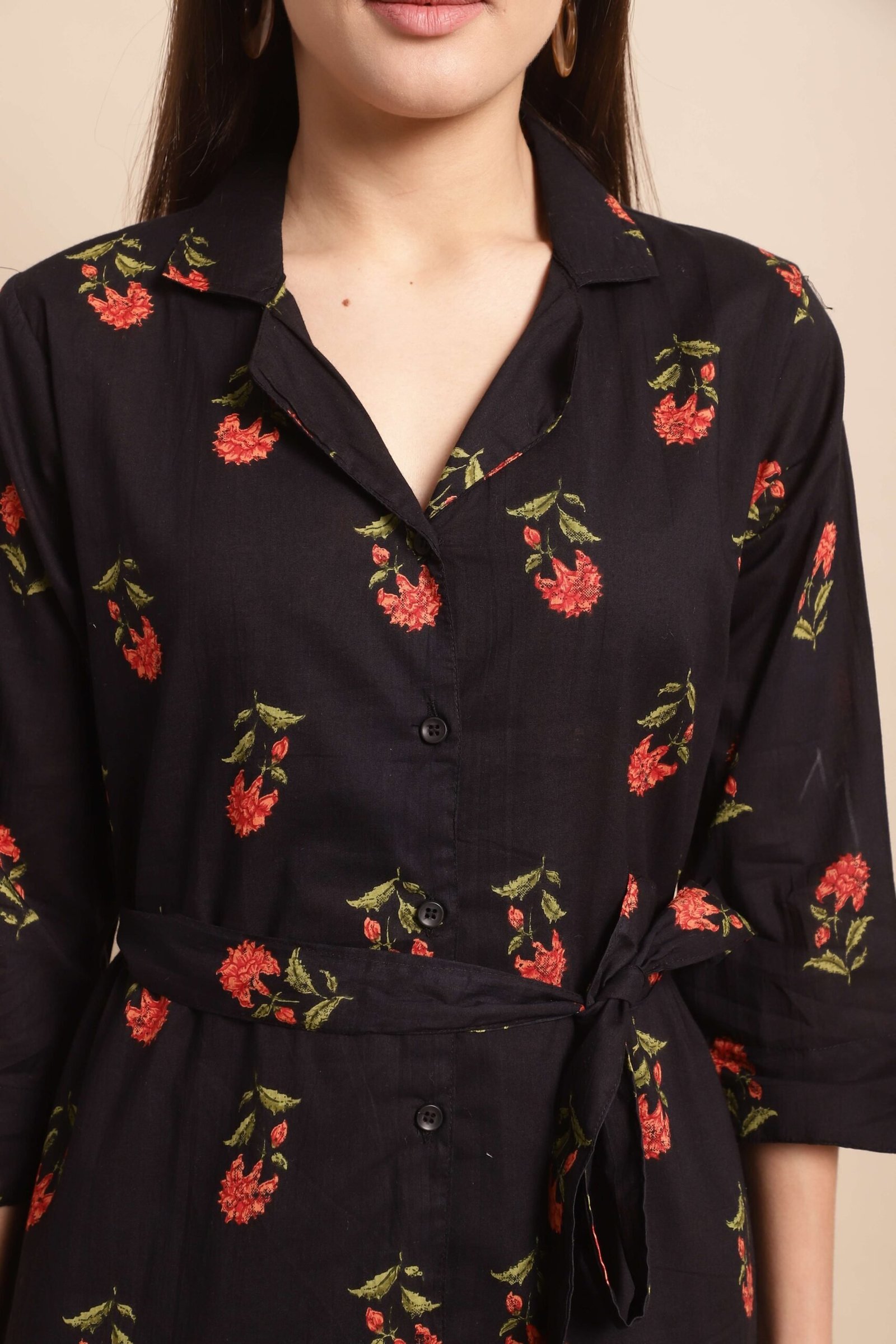 Women’s Pure Cotton Printed Collared Top and Pant Co-ord Set (Black Rd)