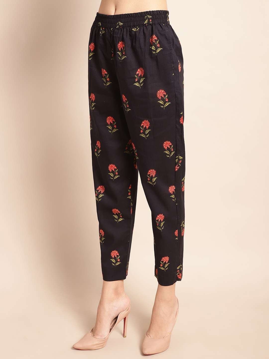 Women’s Pure Cotton Printed Collared Top and Pant Co-ord Set (Black Rd)