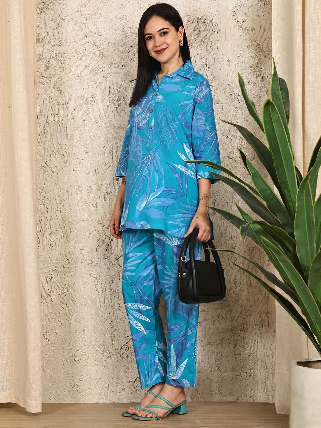 Women’s Pure Cotton Printed Collared Top and Pant Co-ord Set (Blue)