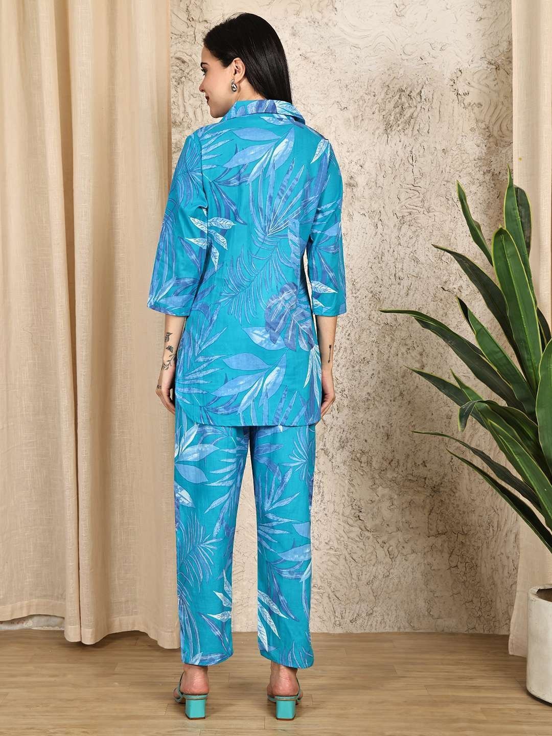 Women’s Pure Cotton Printed Collared Top and Pant Co-ord Set (Blue)