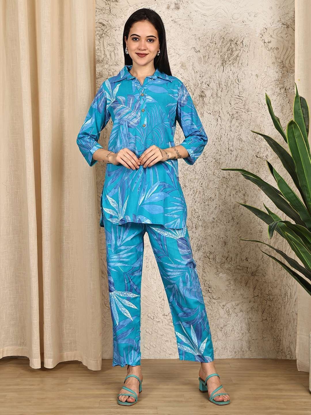 Women’s Pure Cotton Printed Collared Top and Pant Co-ord Set (Blue)