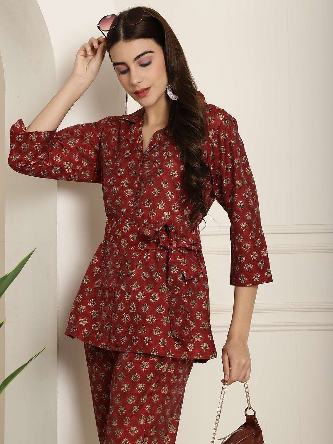 Women’s Pure Cotton Printed Collared Top and Pant Co-ord Set (Maroon)