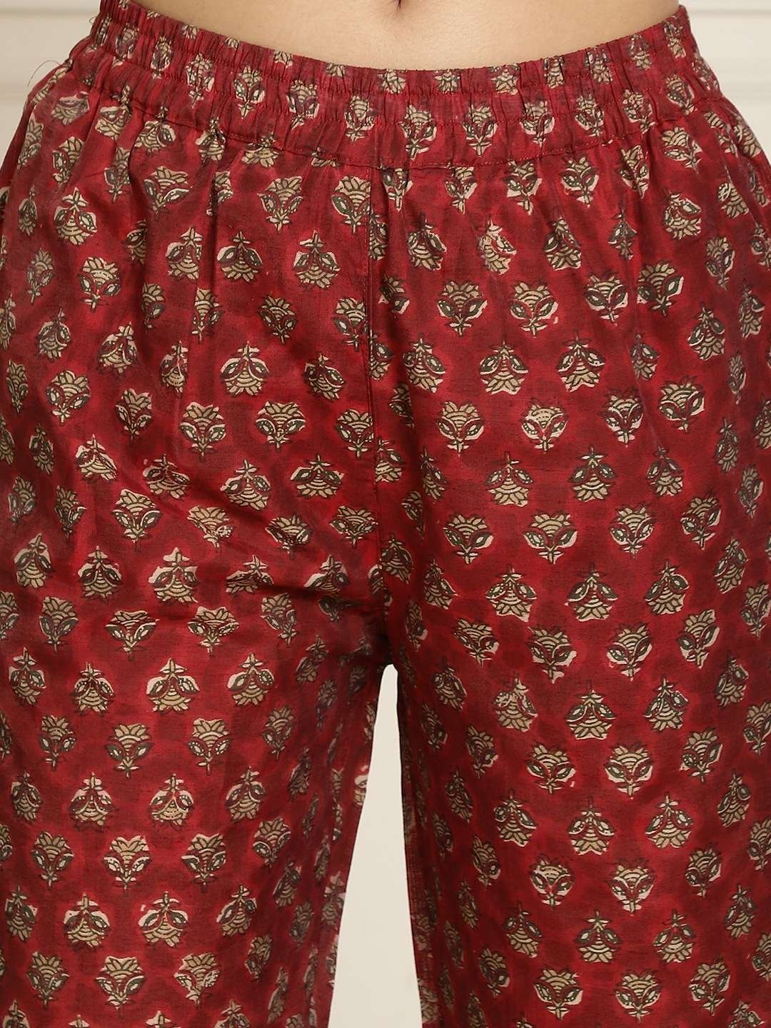 Women’s Pure Cotton Printed Collared Top and Pant Co-ord Set (Maroon)