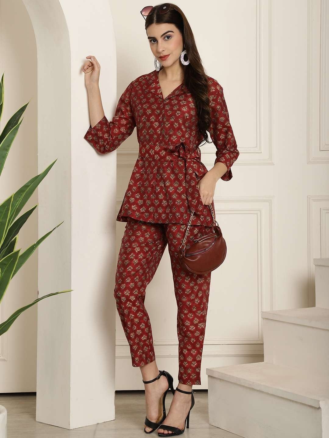 Women’s Pure Cotton Printed Collared Top and Pant Co-ord Set (Maroon)