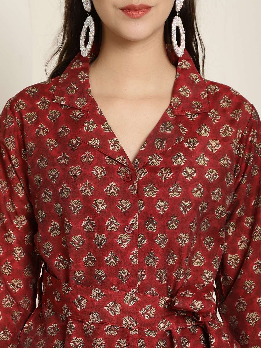 Women’s Pure Cotton Printed Collared Top and Pant Co-ord Set (Maroon)