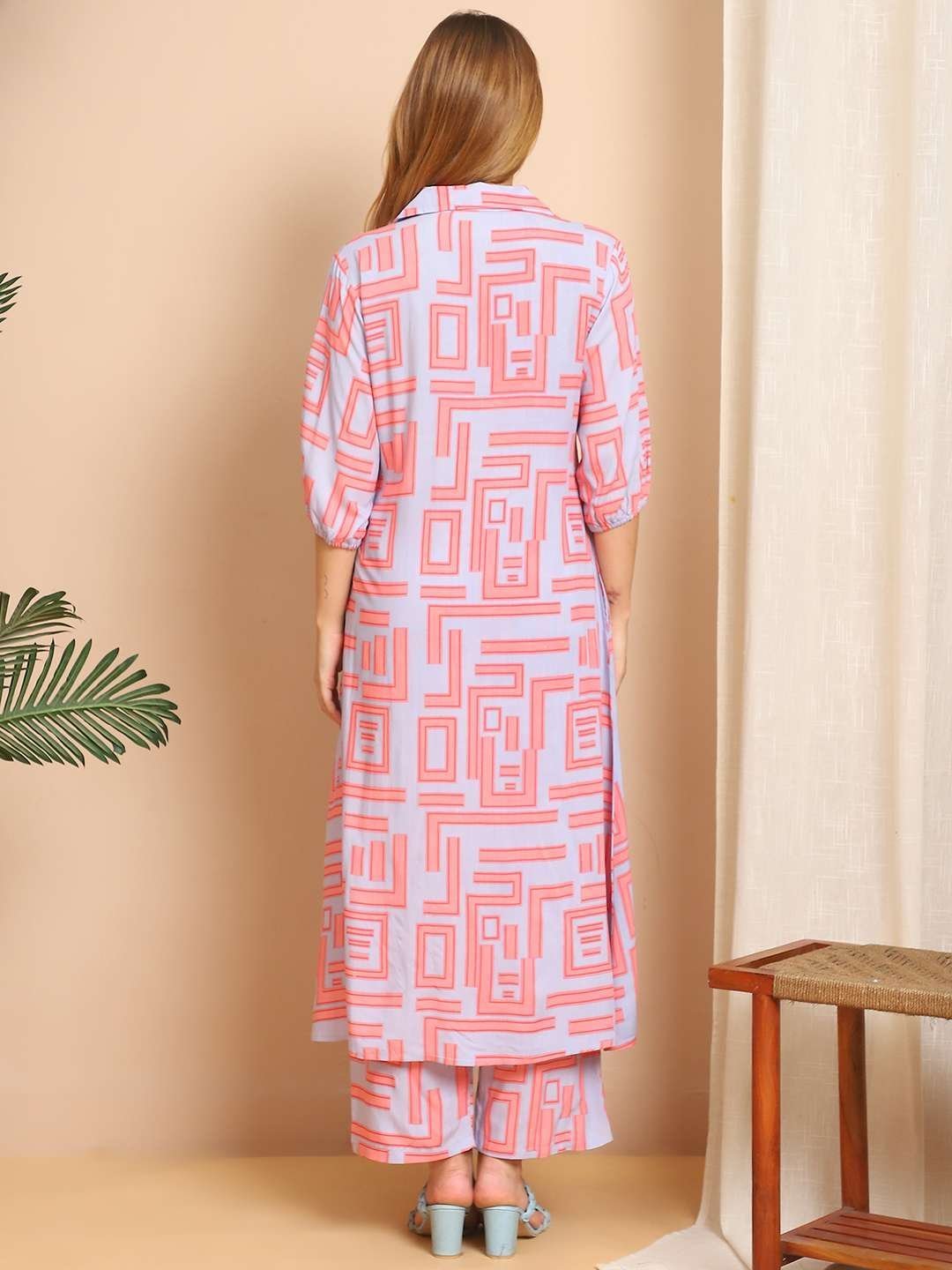 Women’s Pure Cotton Printed Collared Top and Pant Co-ord Set (Pink Gr)