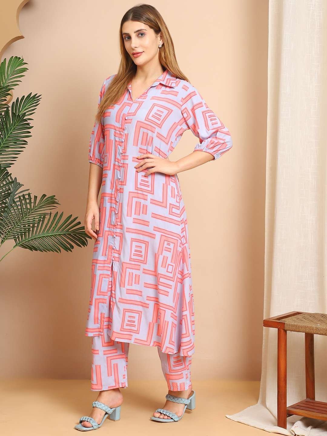 Women’s Pure Cotton Printed Collared Top and Pant Co-ord Set (Pink Gr)