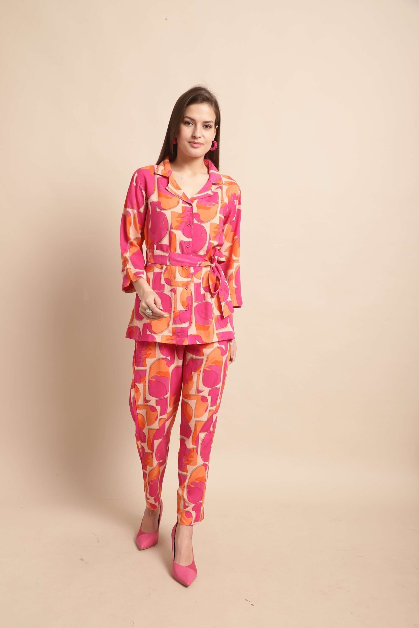 Women’s Pure Cotton Printed Collared Top and Pant Co-ord Set (Pink)