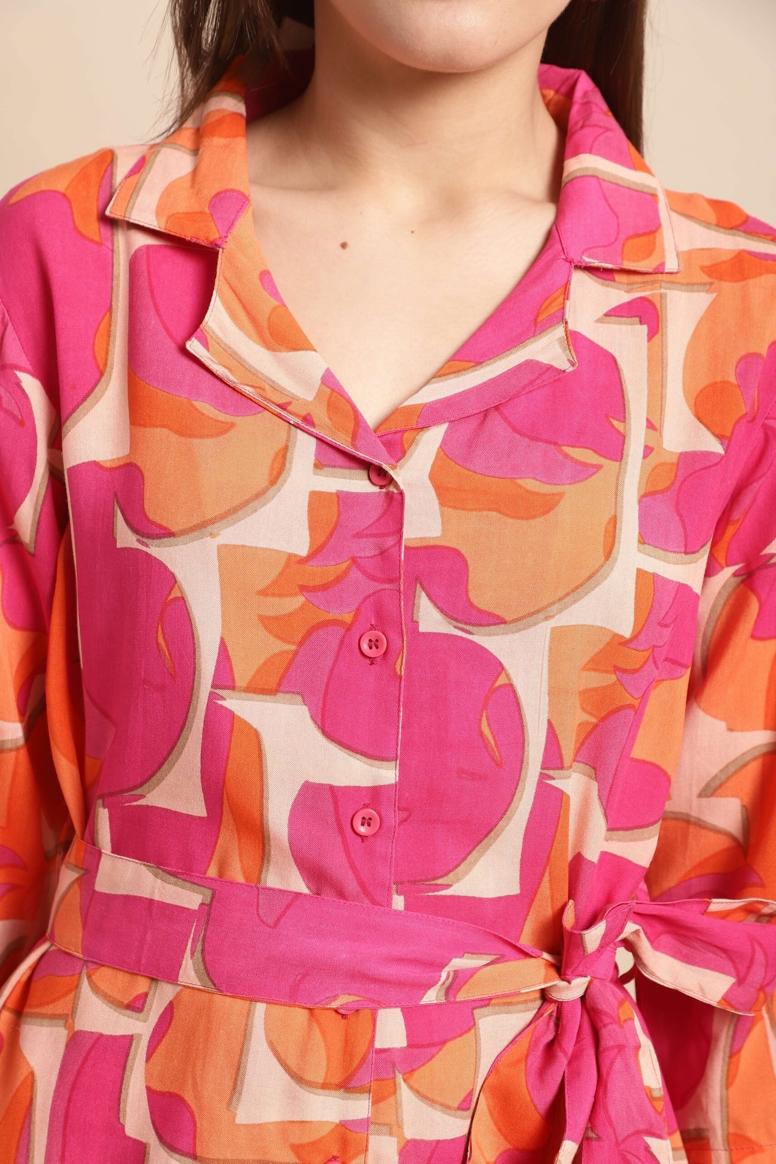 Women’s Pure Cotton Printed Collared Top and Pant Co-ord Set (Pink)