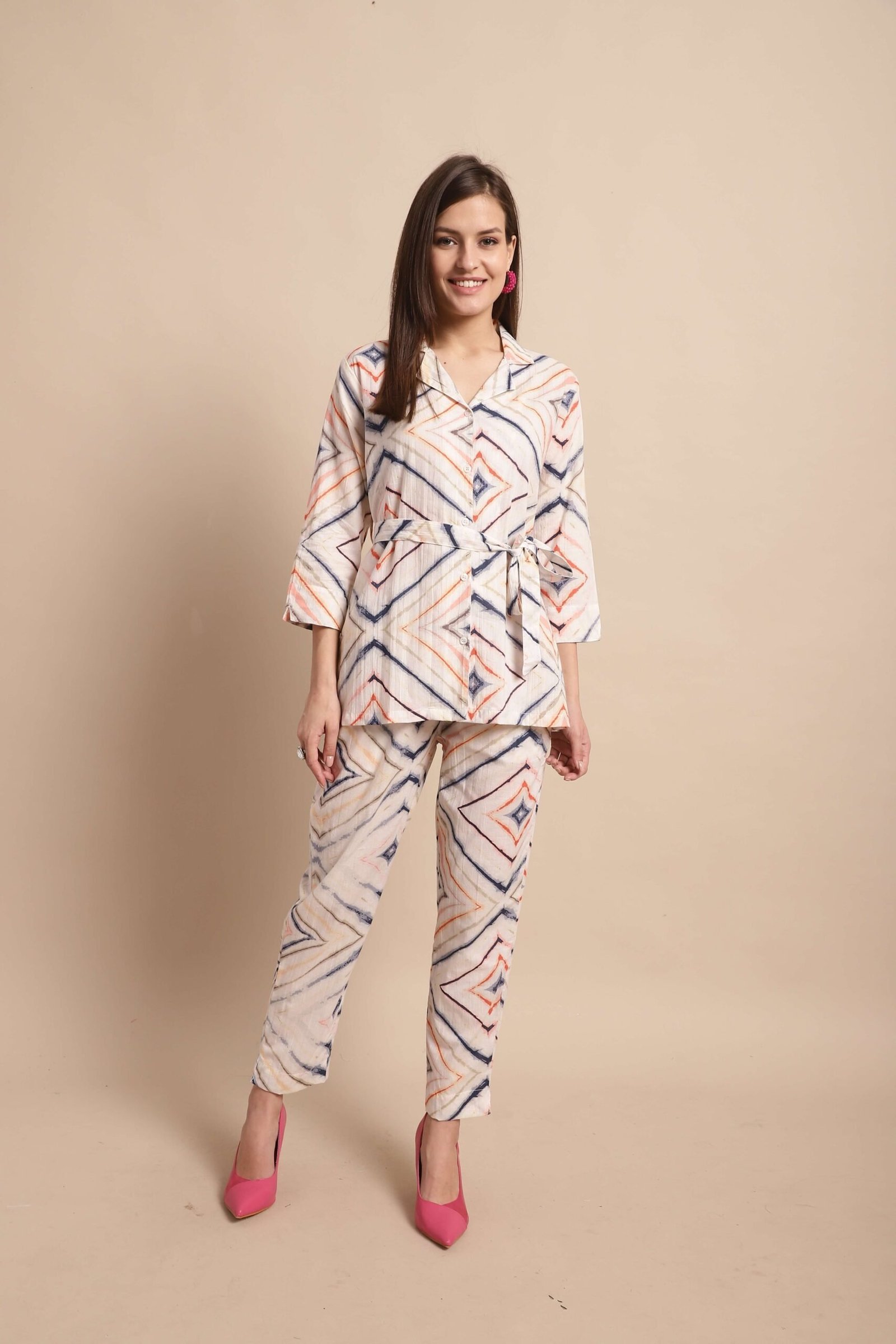 Women’s Pure Cotton Printed Collared Top and Pant Co-ord Set (White)