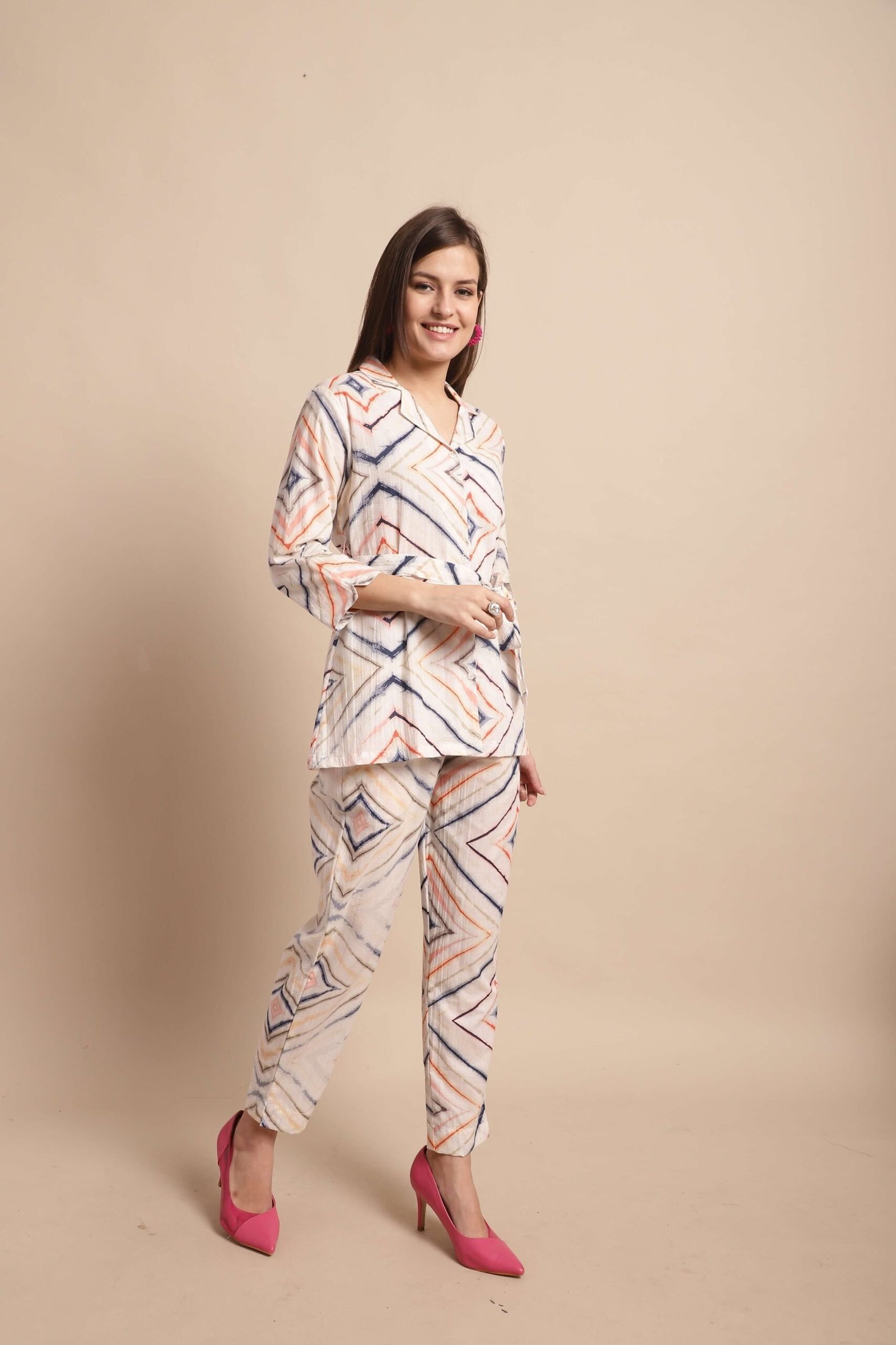 Women’s Pure Cotton Printed Collared Top and Pant Co-ord Set (White)