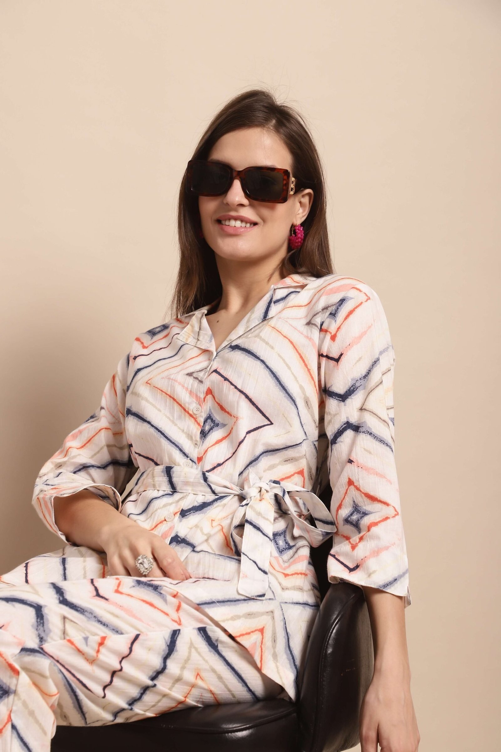 Women’s Pure Cotton Printed Collared Top and Pant Co-ord Set (White)