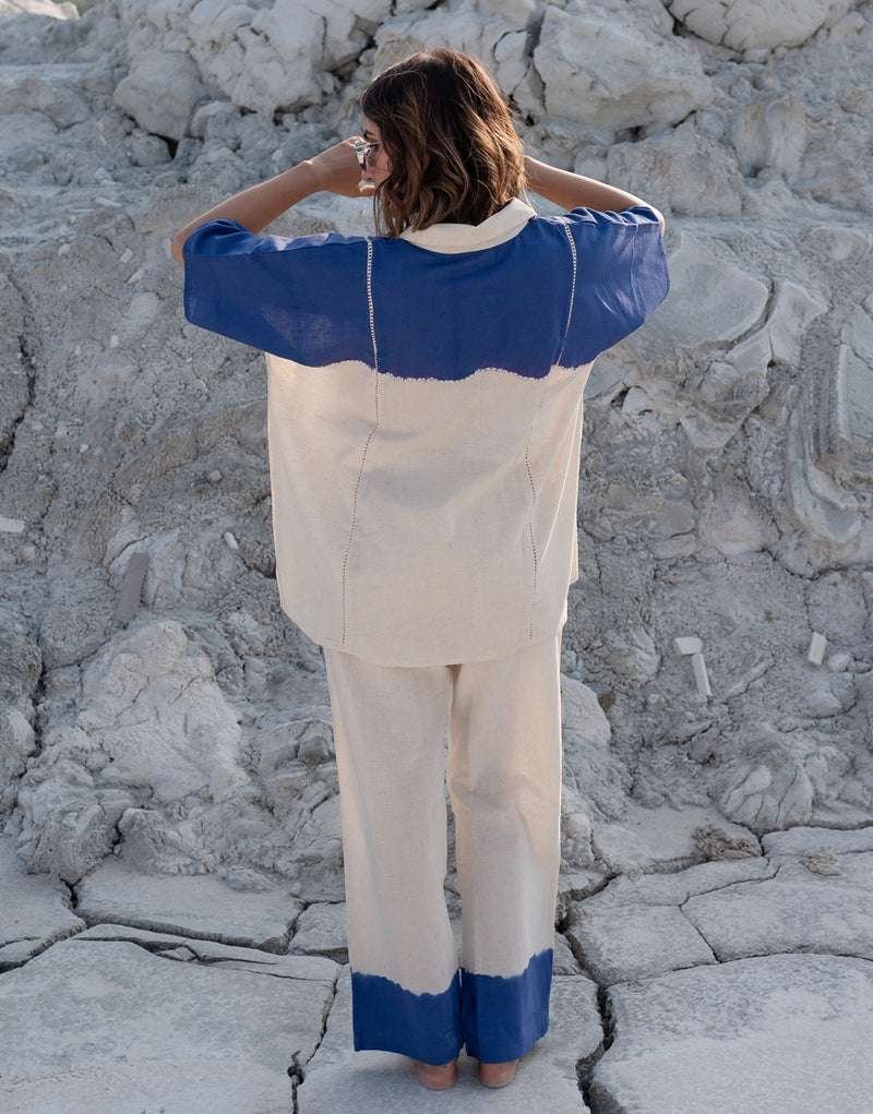 Women’s Cotton Dip-Dye Pattern Two-Piece Lounge Set Tunic with Wide-Leg Pants, Resort Wear (  Navy Blue Beige )