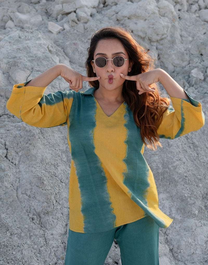 Women’s Cotton Tie Dye Print Two-Piece Lounge Set Tunic with Wide-Leg Pants, Resort Wear ( Teal and Yellow2 )